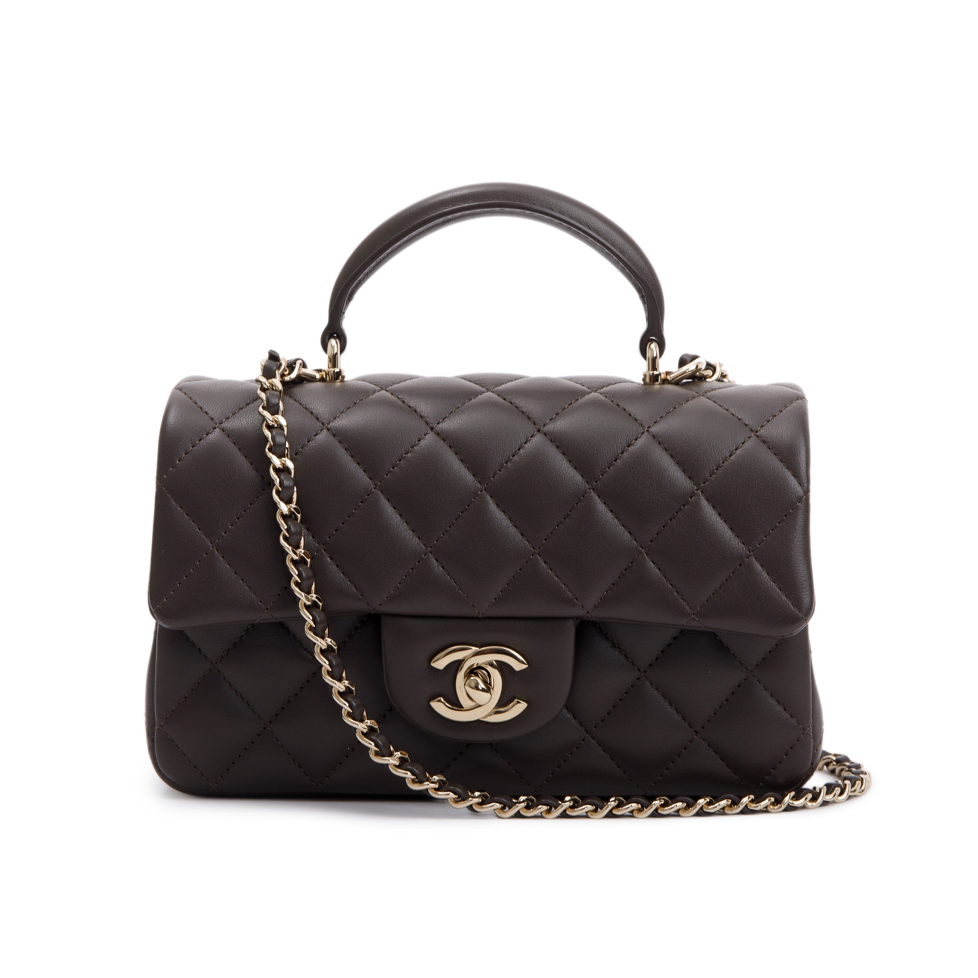 Chanel 2023 Brown Quilted Lambskin Leather Mini Top Handle