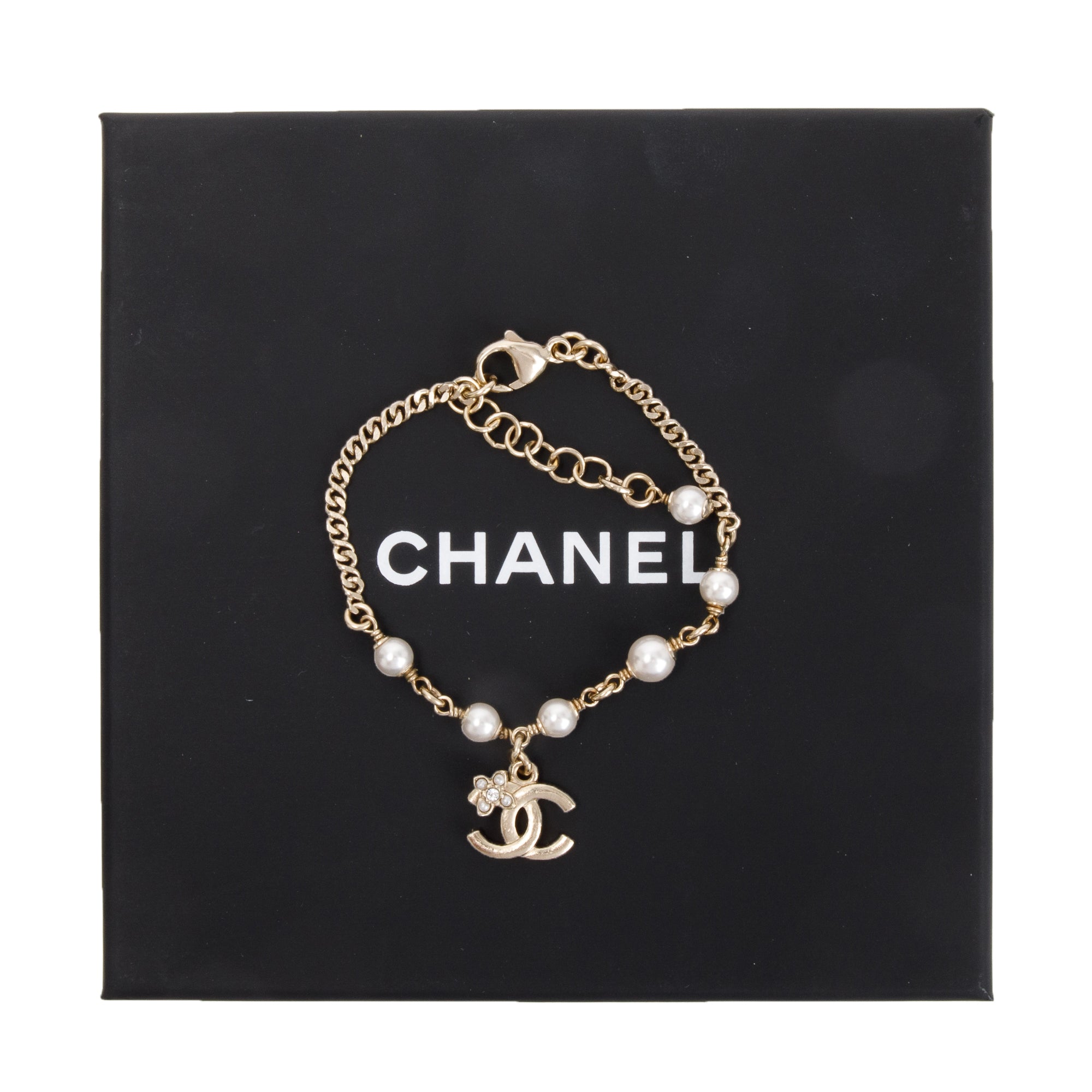 Chanel 2023 Gold Plated Faux Pearl CC Link Bracelet w/ Box & Receipt