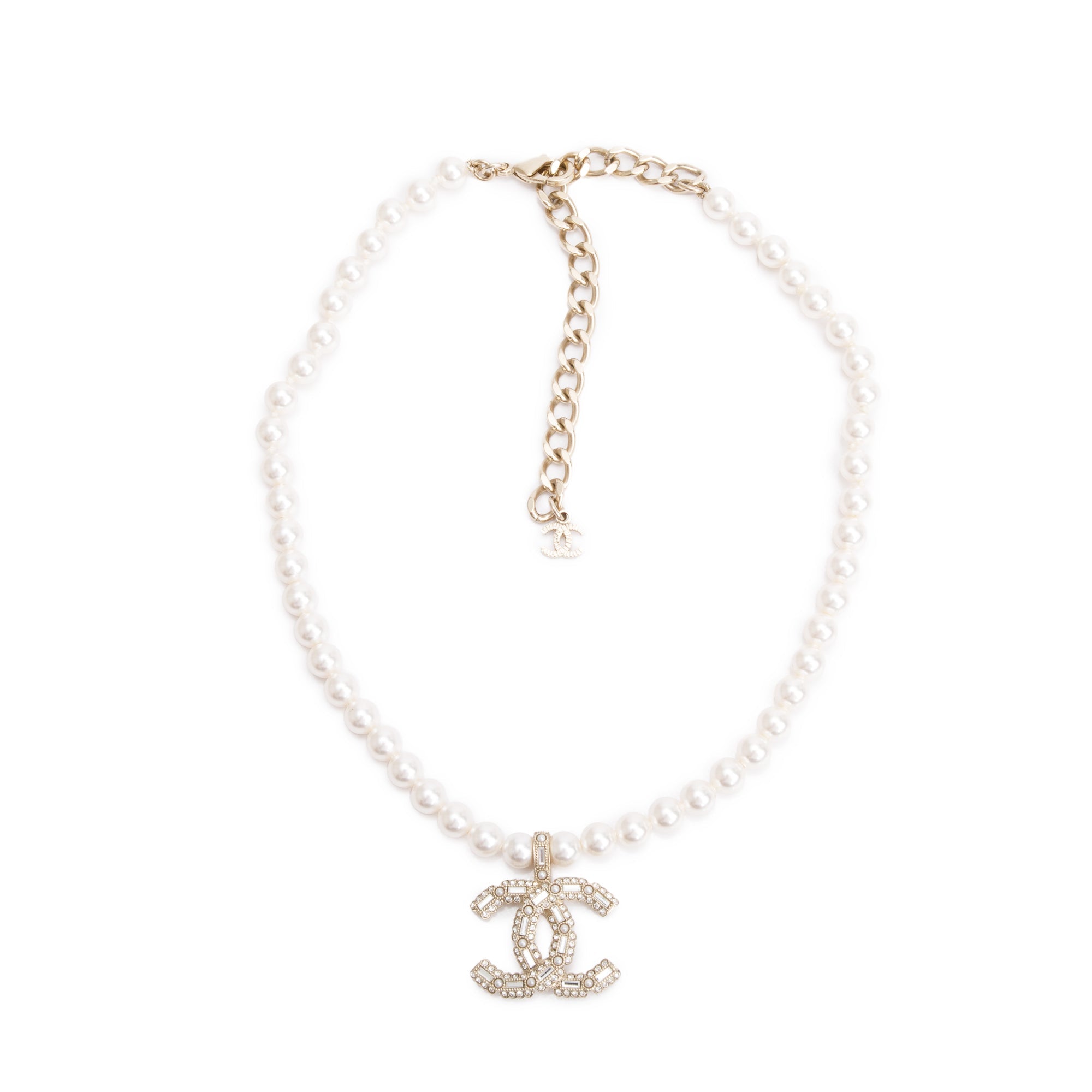 Chanel 2023 Gold Plated Faux Pearl Strass CC Drop Choker