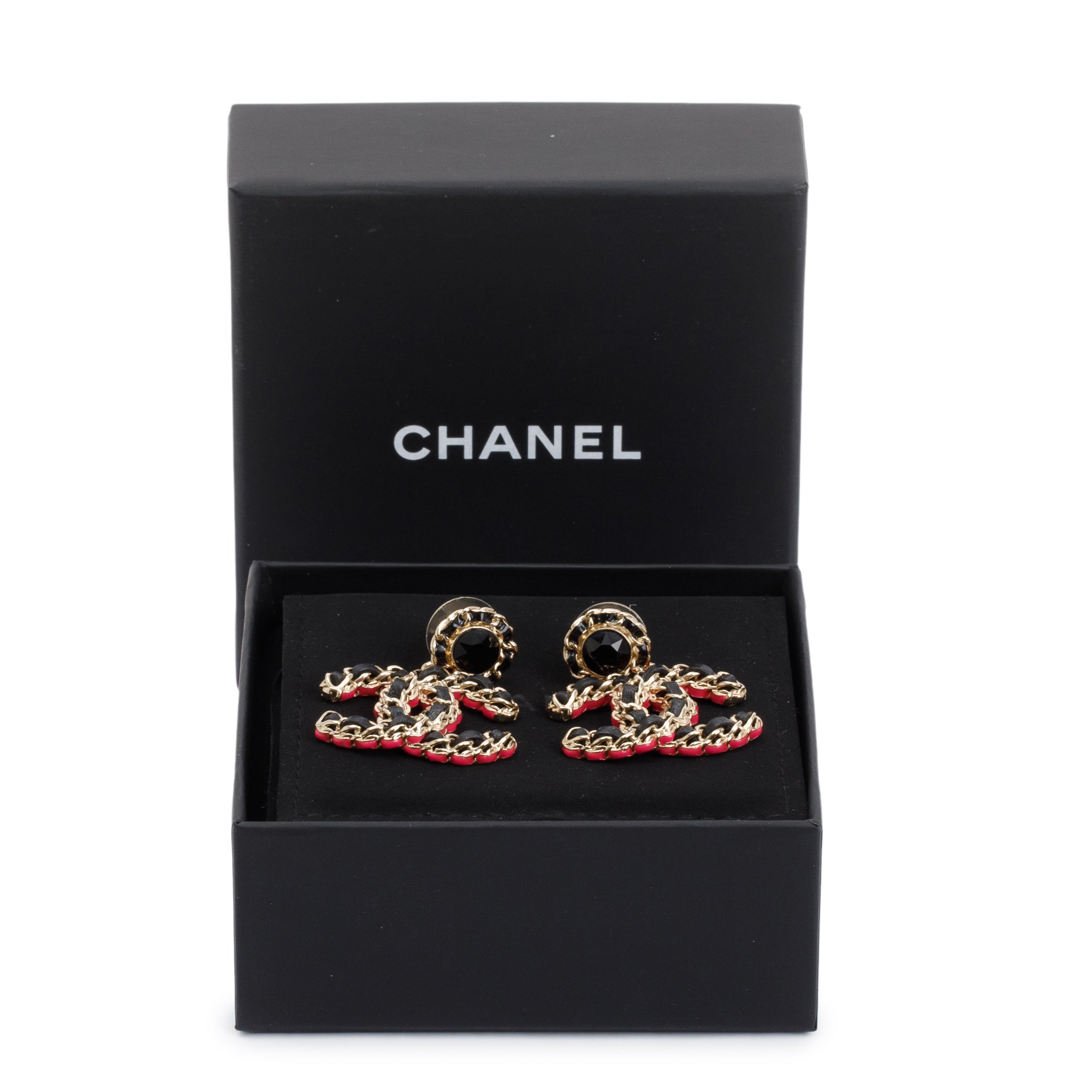 Chanel 2023 Gold Plated Leather & Pink Enamel CC Strass Drop Earrings w/ Box