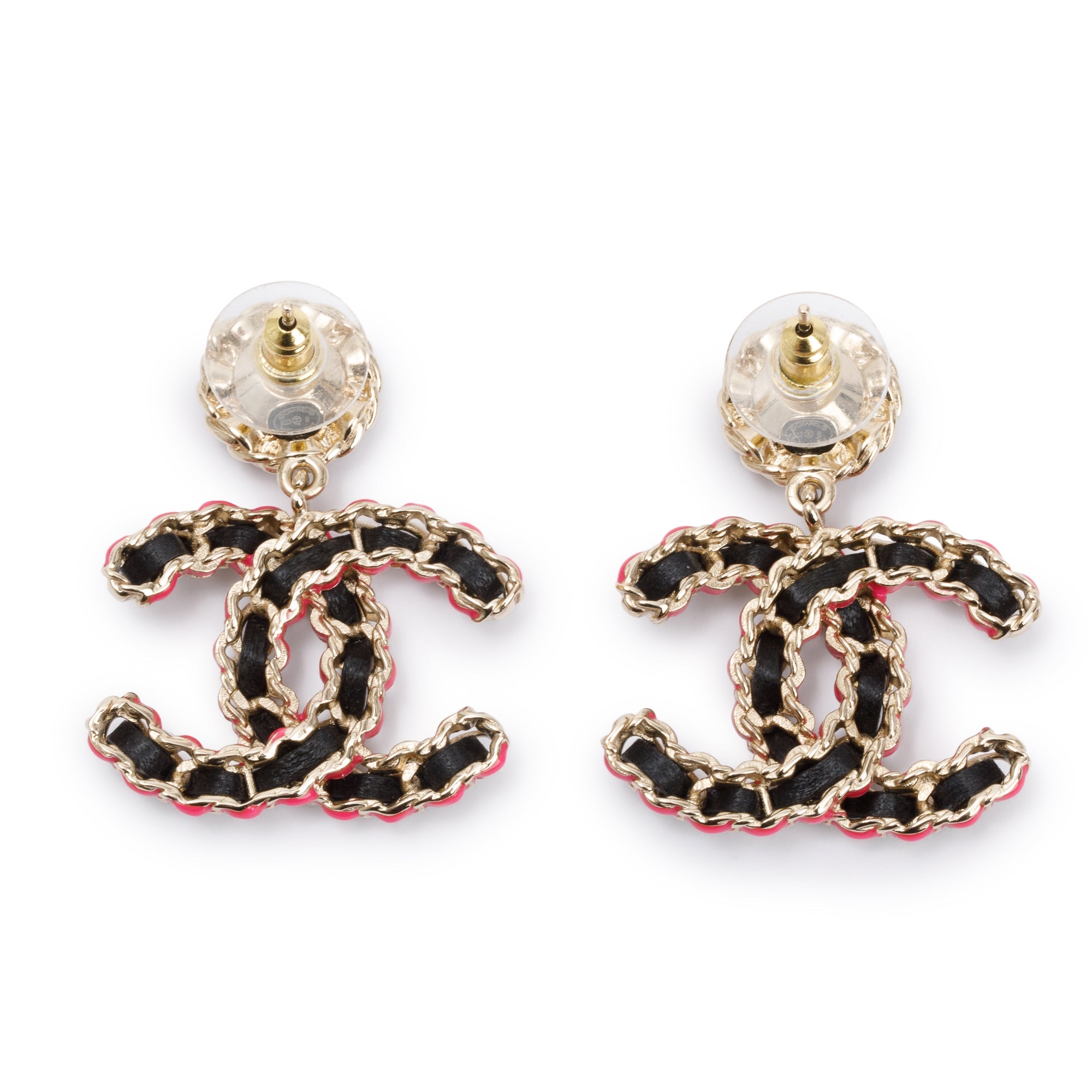 Chanel 2023 Gold Plated Leather & Pink Enamel CC Strass Drop Earrings w/ Box