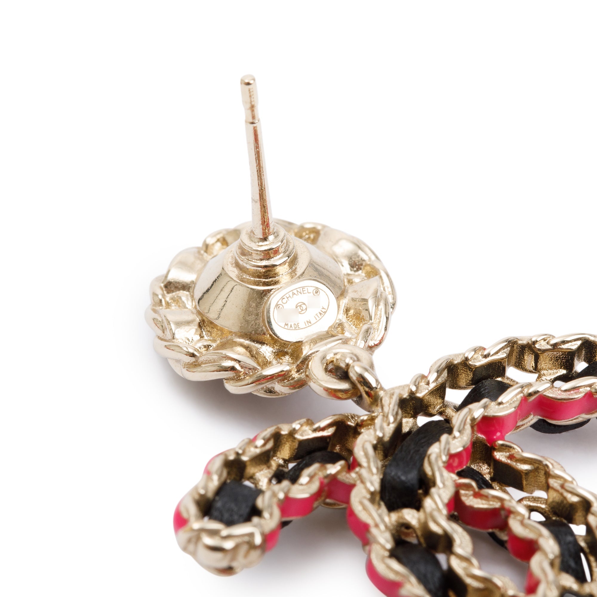 Chanel 2023 Gold Plated Leather & Pink Enamel CC Strass Drop Earrings w/ Box