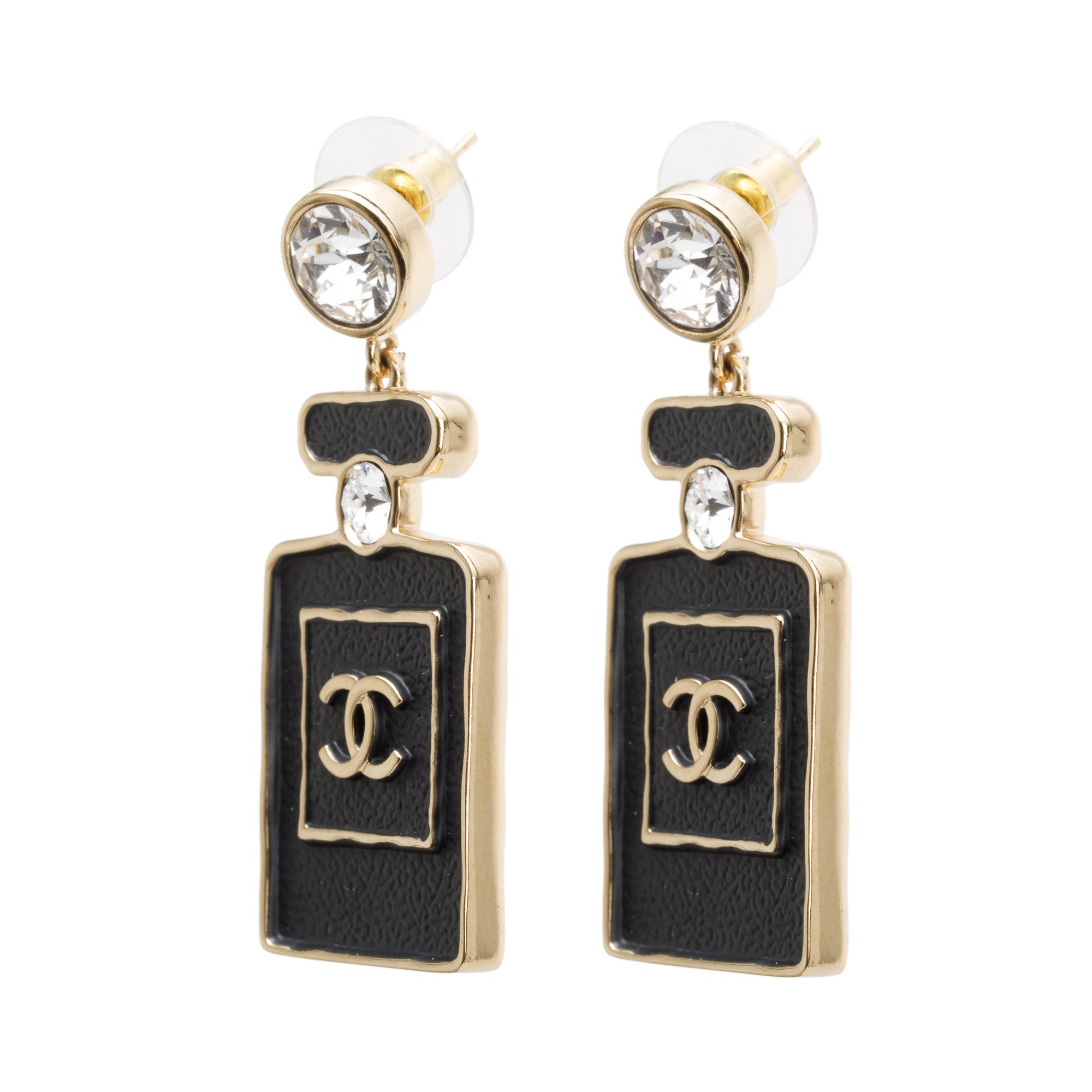 Chanel 2023 Gold Plated & Leather Strass Perfume Bottle Earrings w/ Box