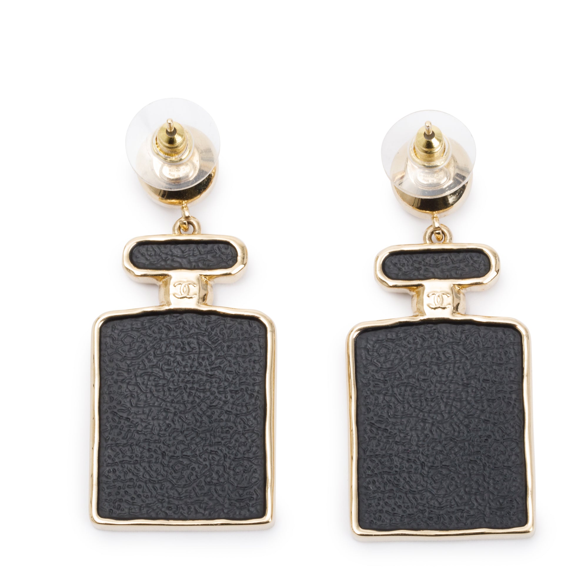 Chanel 2023 Gold Plated & Leather Strass Perfume Bottle Earrings w/ Box