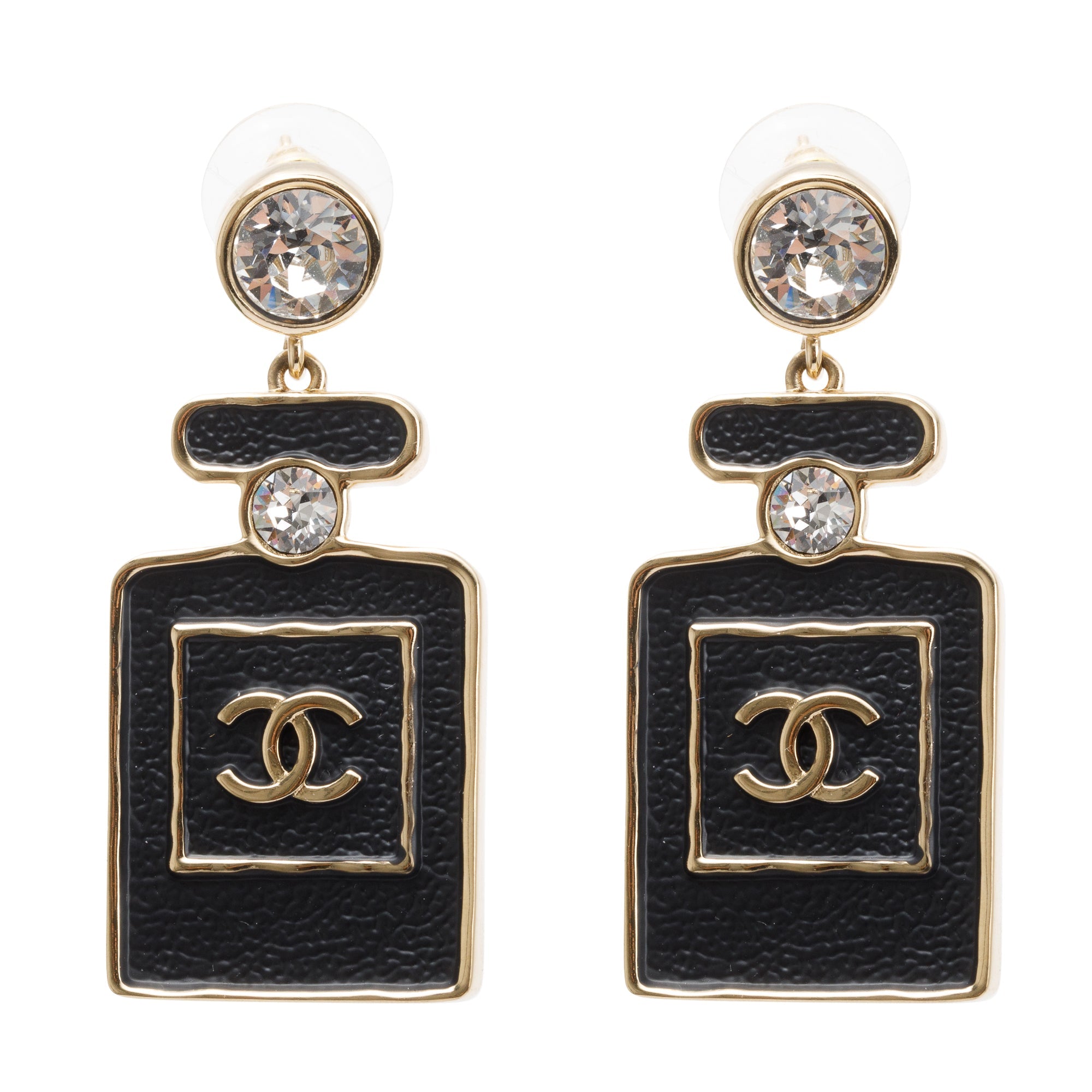 Chanel 2023 Gold Plated & Leather Strass Perfume Bottle Earrings w/ Box