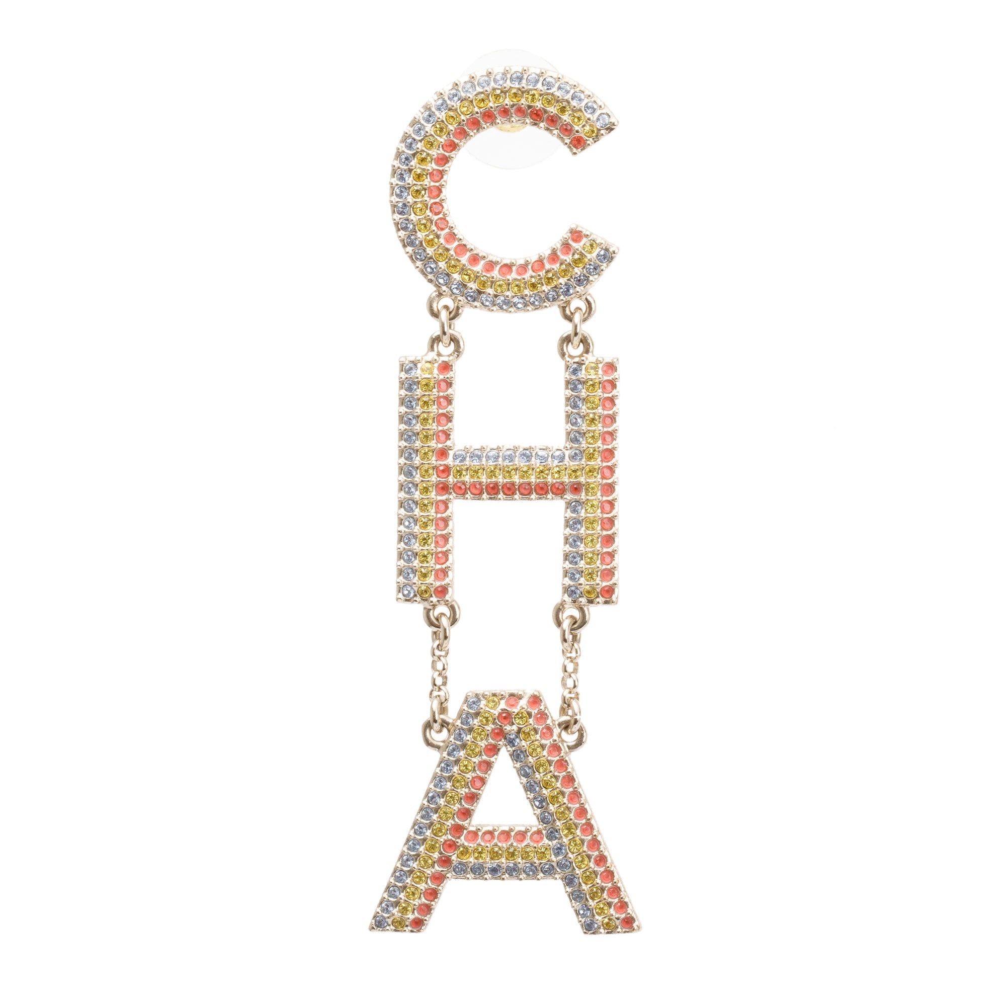 Chanel 2023 Gold Plated Multicolour Strass Logo Drop Earrings w/ Box