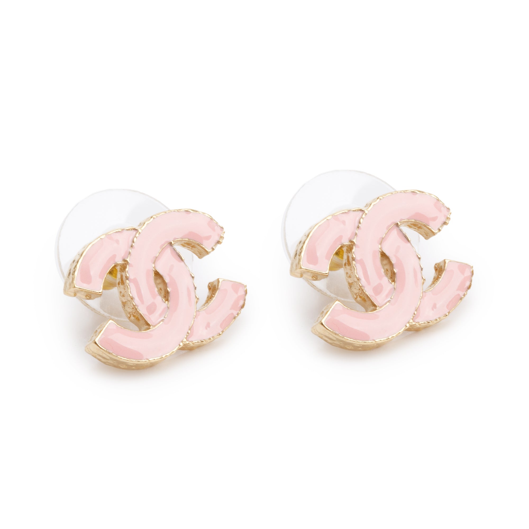 Chanel 2023 Gold Plated Pink Enamel Strass CC Stud Earrings w/ Box