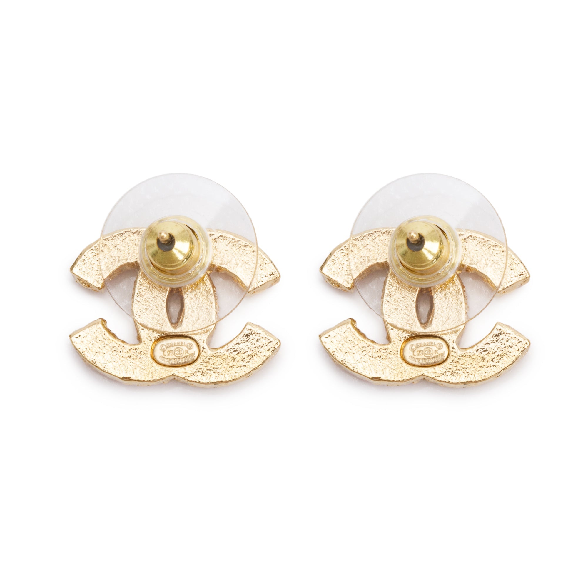 Chanel 2023 Gold Plated Pink Enamel Strass CC Stud Earrings w/ Box