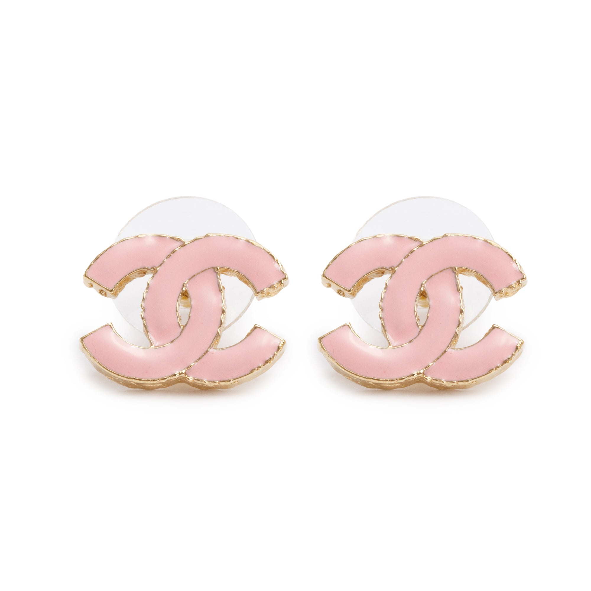 Chanel 2023 Gold Plated Pink Enamel Strass CC Stud Earrings w/ Box