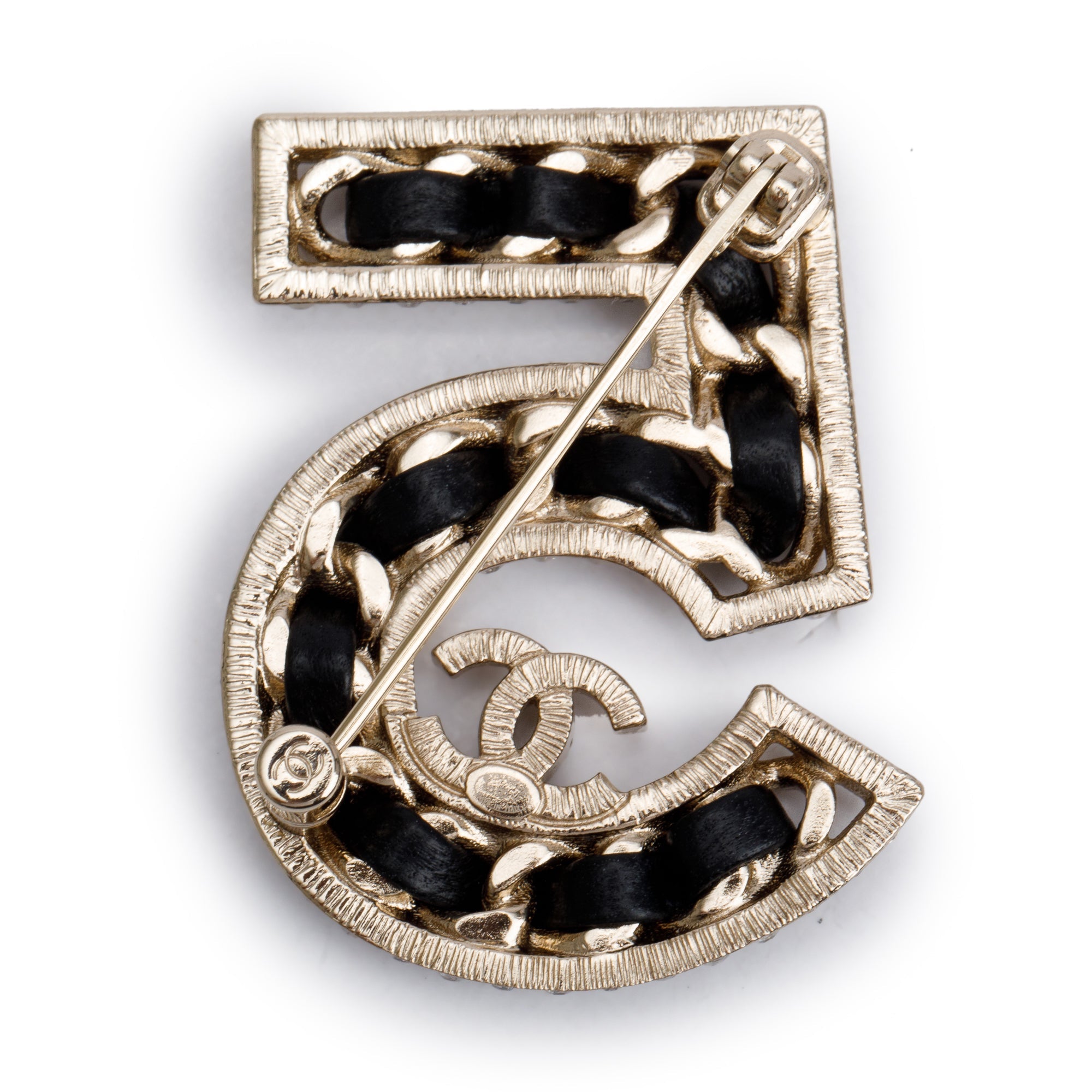 Chanel 2023 Gold Plated Strass & Black Leather 'Number 5' Brooch w/ Box
