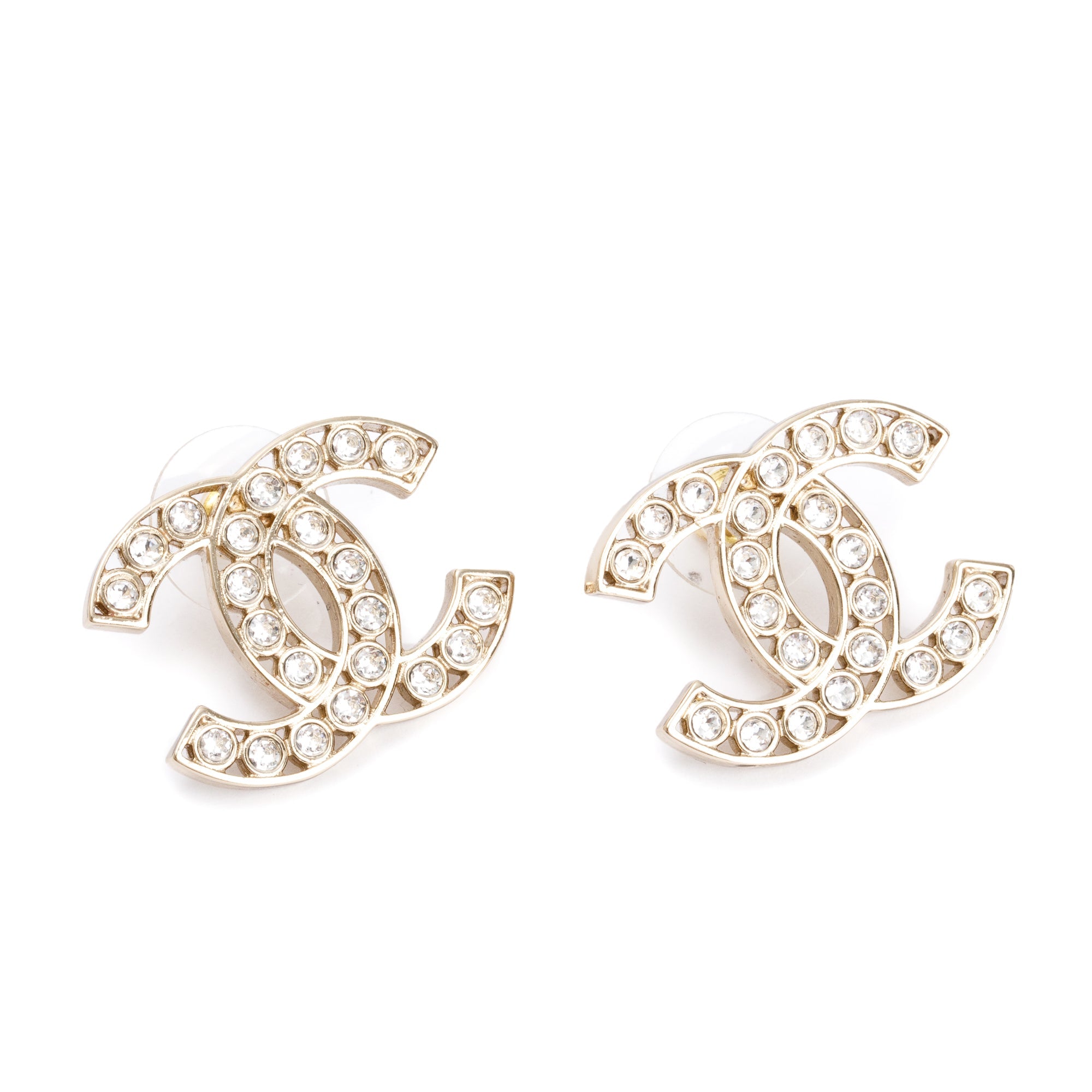 Chanel 2023 Gold Plated Strass CC Stud Earrings w/ Box