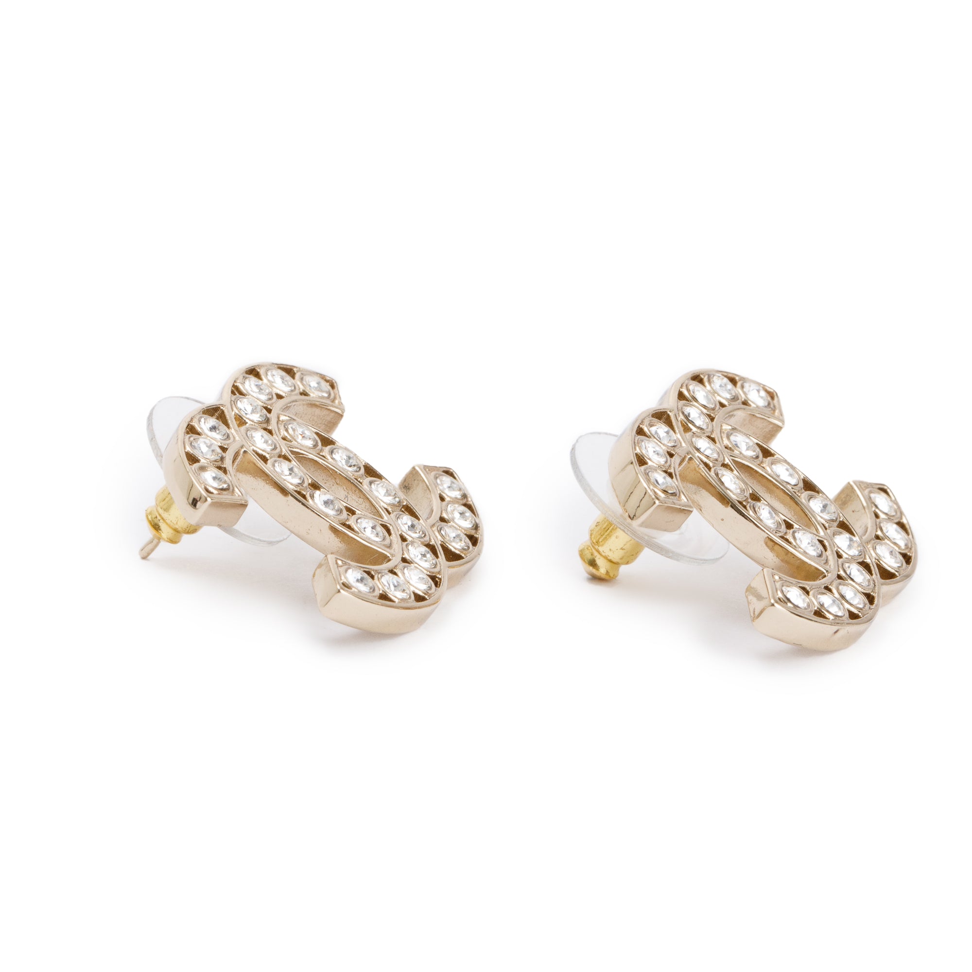 Chanel 2023 Gold Plated Strass CC Stud Earrings w/ Box