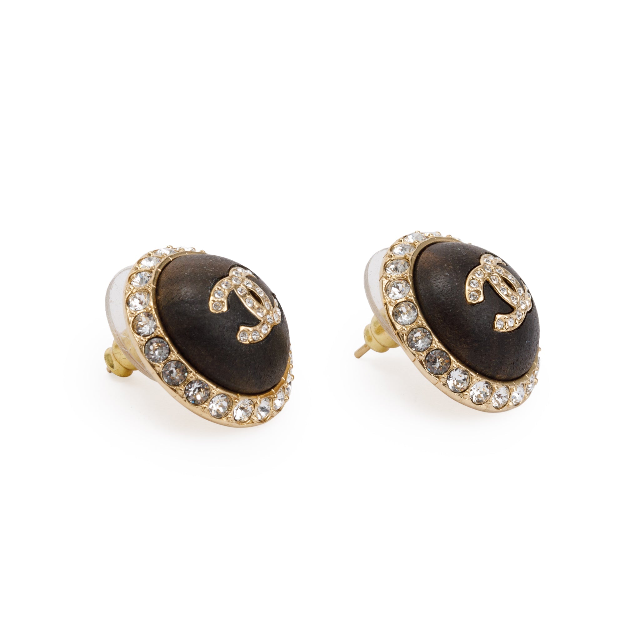 Chanel 2023 Gold Plated Strass & Resin CC Round Stud Earrings w/ Box