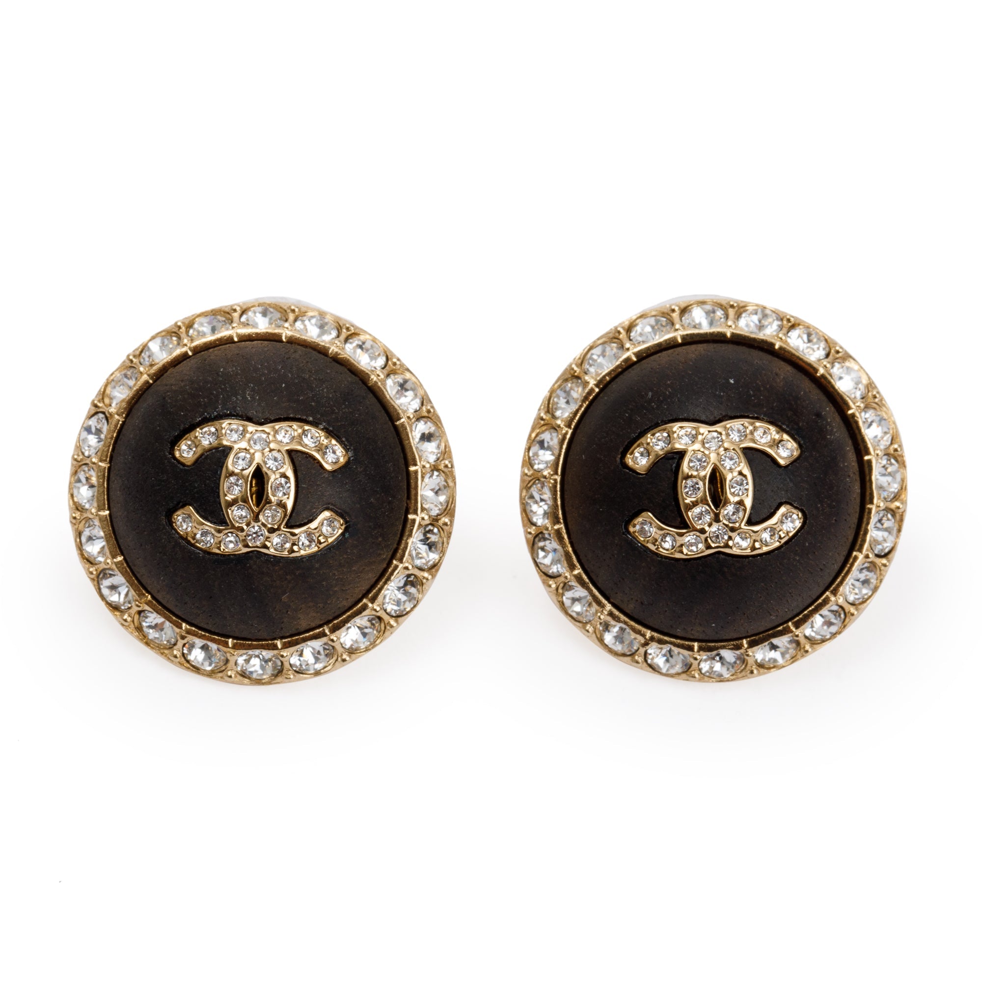 Chanel 2023 Gold Plated Strass & Resin CC Round Stud Earrings w/ Box