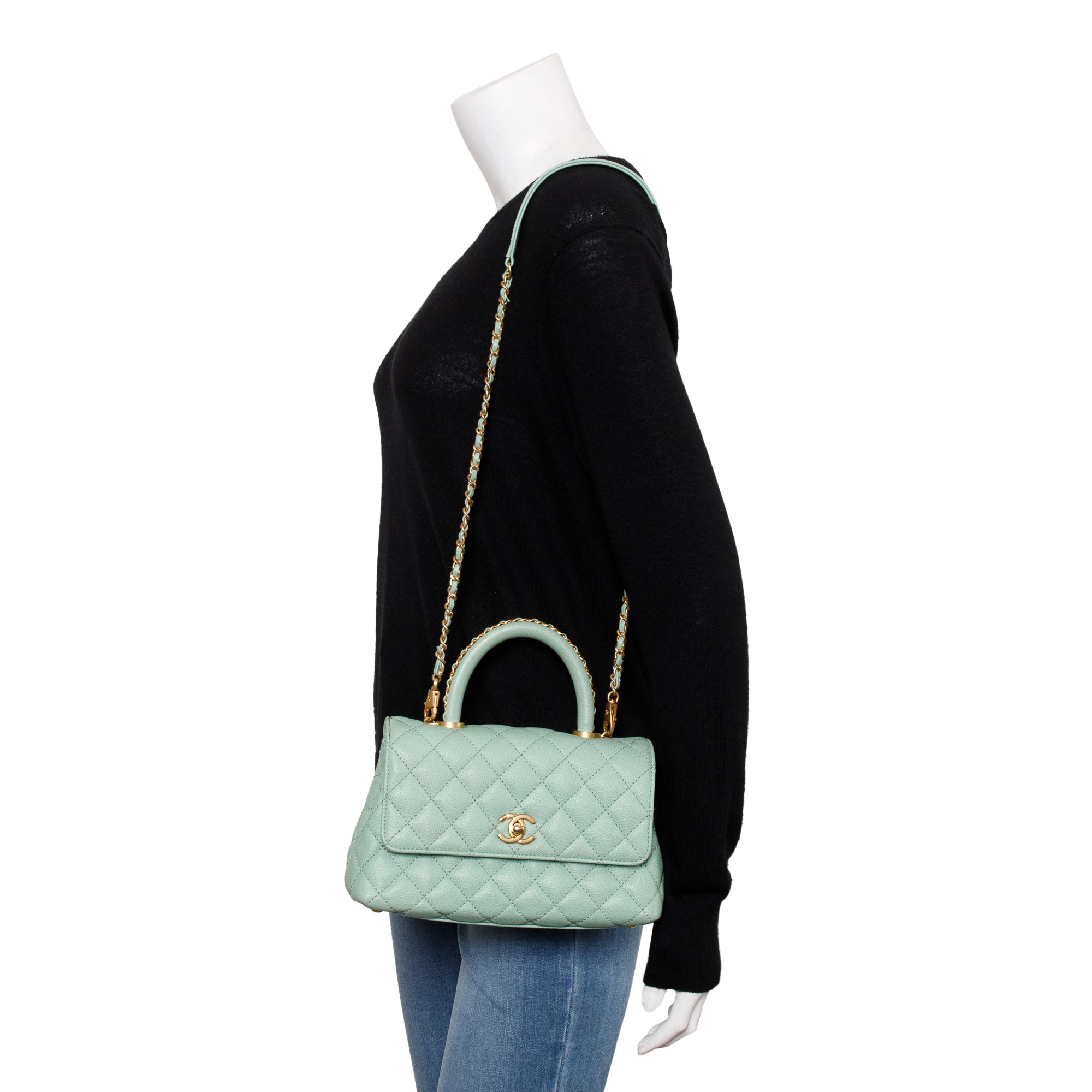 Chanel 2023 Green Quilted Caviar Leather Mini Coco Chain Handle Bag w/ Box