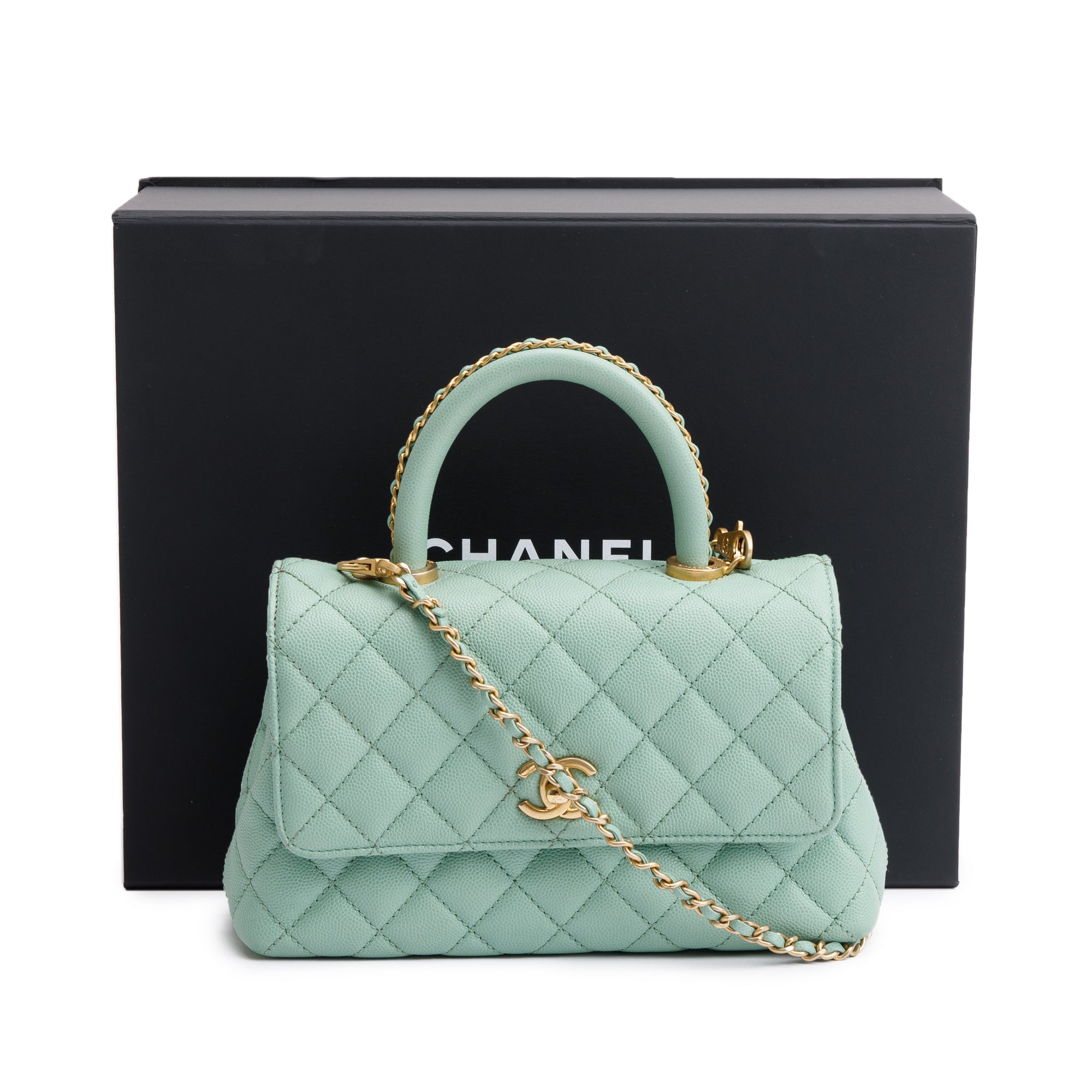 Chanel 2023 Green Quilted Caviar Leather Mini Coco Chain Handle Bag w/ Box