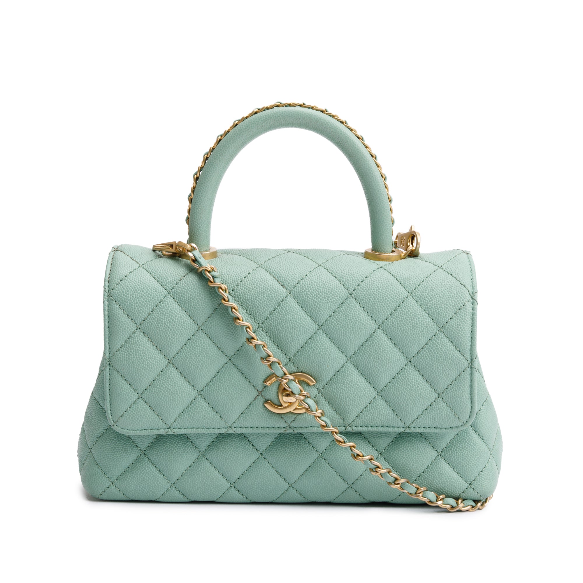 Chanel 2023 Green Quilted Caviar Leather Mini Coco Chain Handle Bag w/ Box