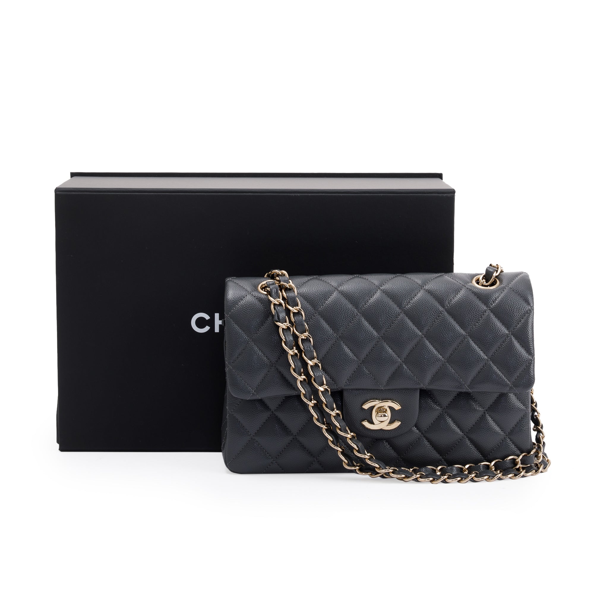 Chanel 2023 Grey Caviar Small Classic Double Flap Bag w/ Box