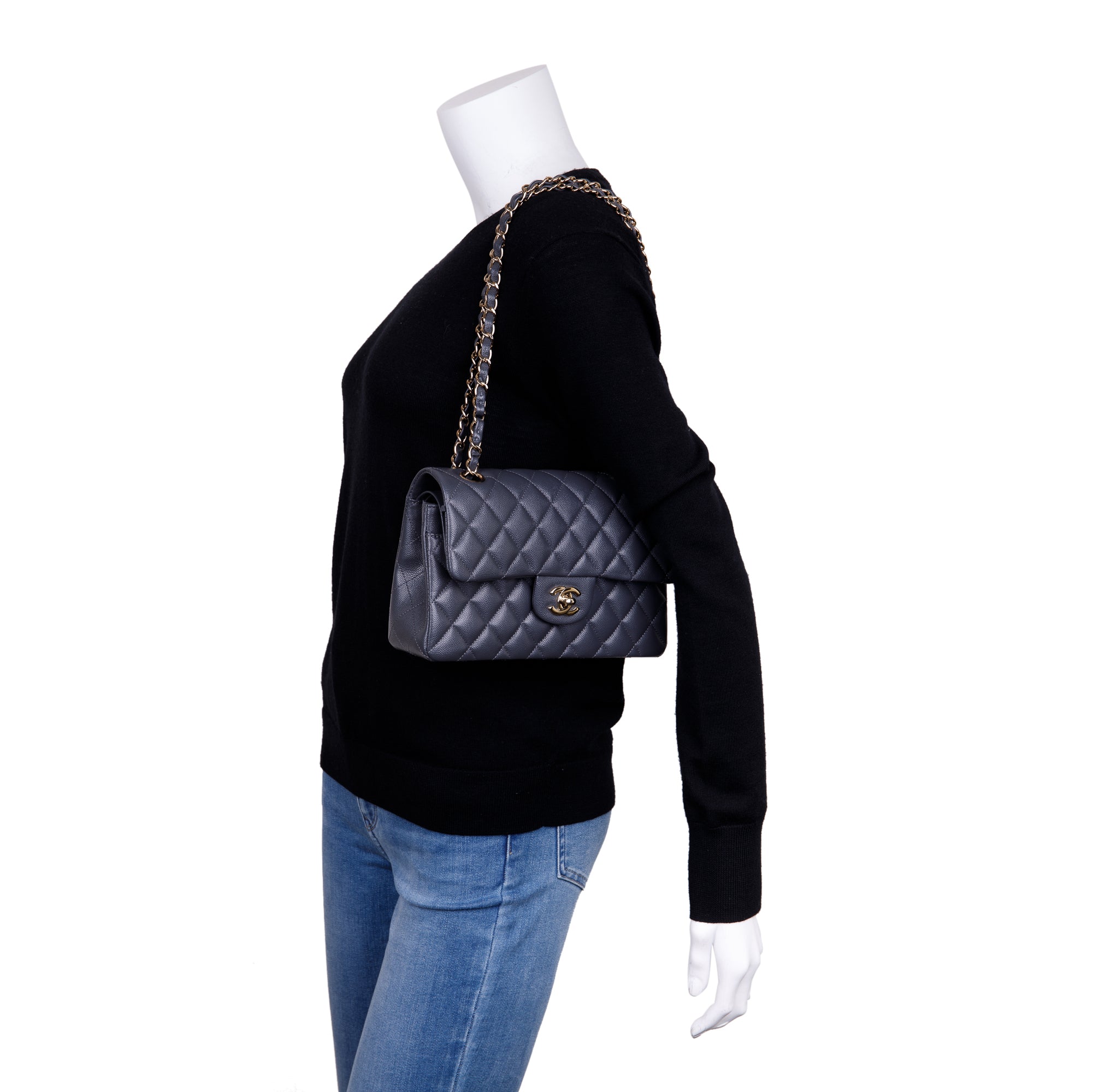 Chanel 2023 Grey Caviar Small Classic Double Flap Bag w/ Box