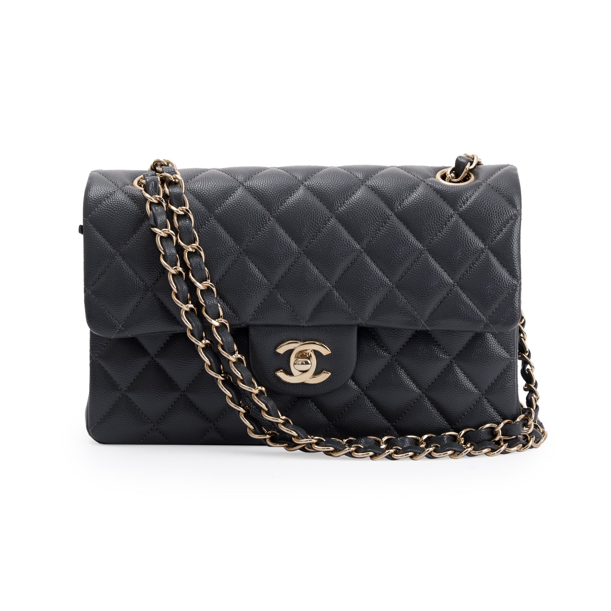 Chanel 2023 Grey Caviar Small Classic Double Flap Bag w/ Box