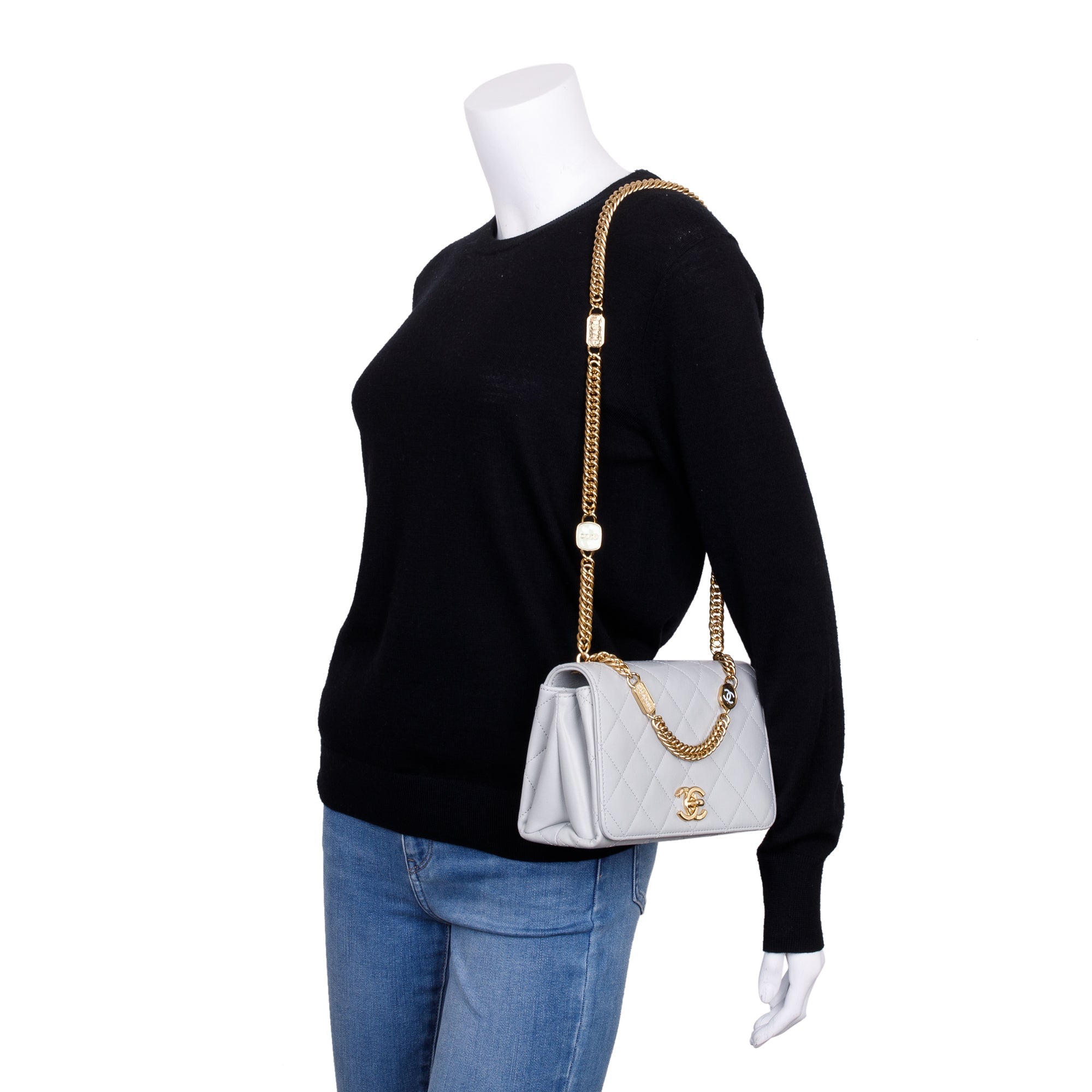 Chanel 2023 Grey Quilted Lambskin Leather Logo Chain Handle Flap Bag w/ Box