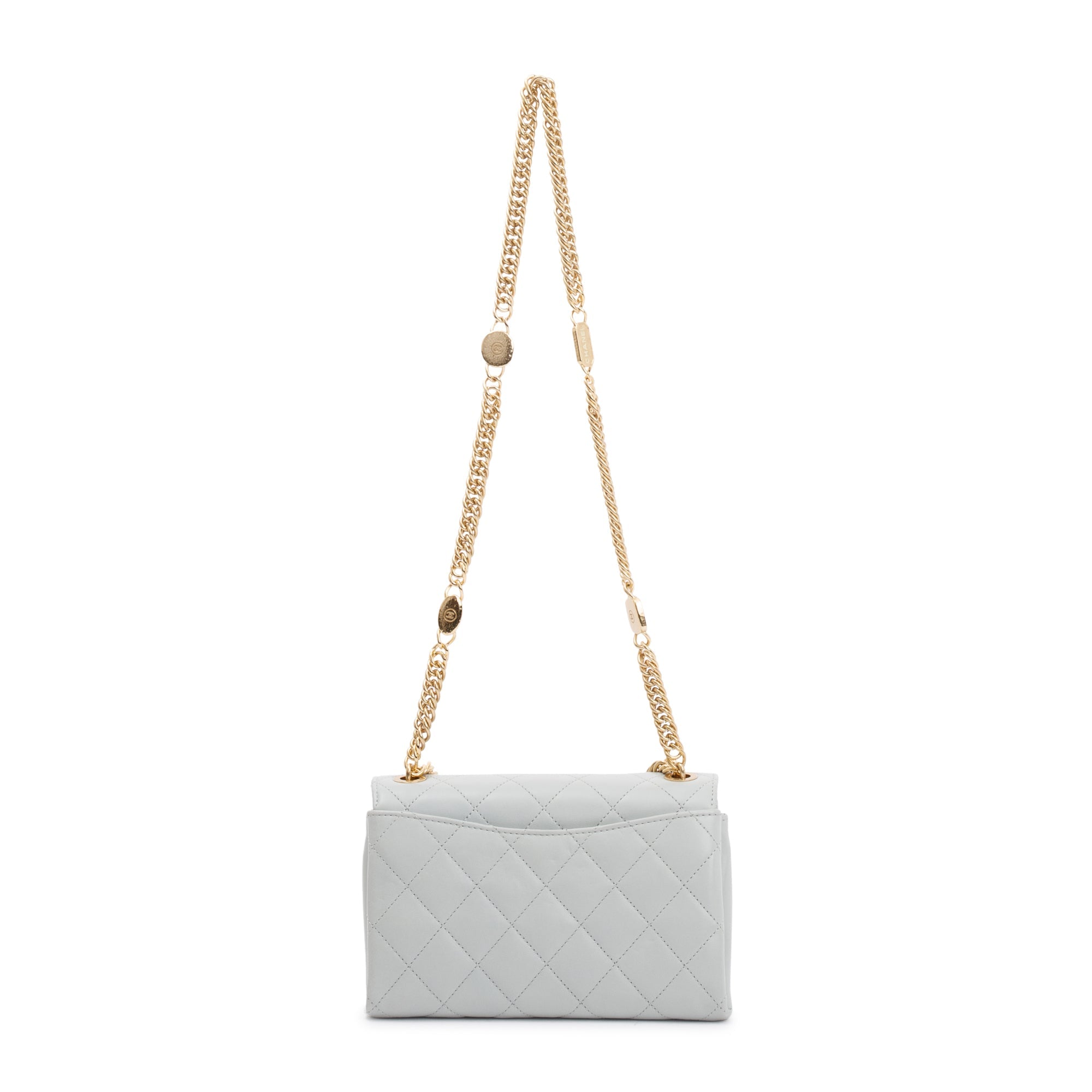 Chanel 2023 Grey Quilted Lambskin Leather Logo Chain Handle Flap Bag w/ Box