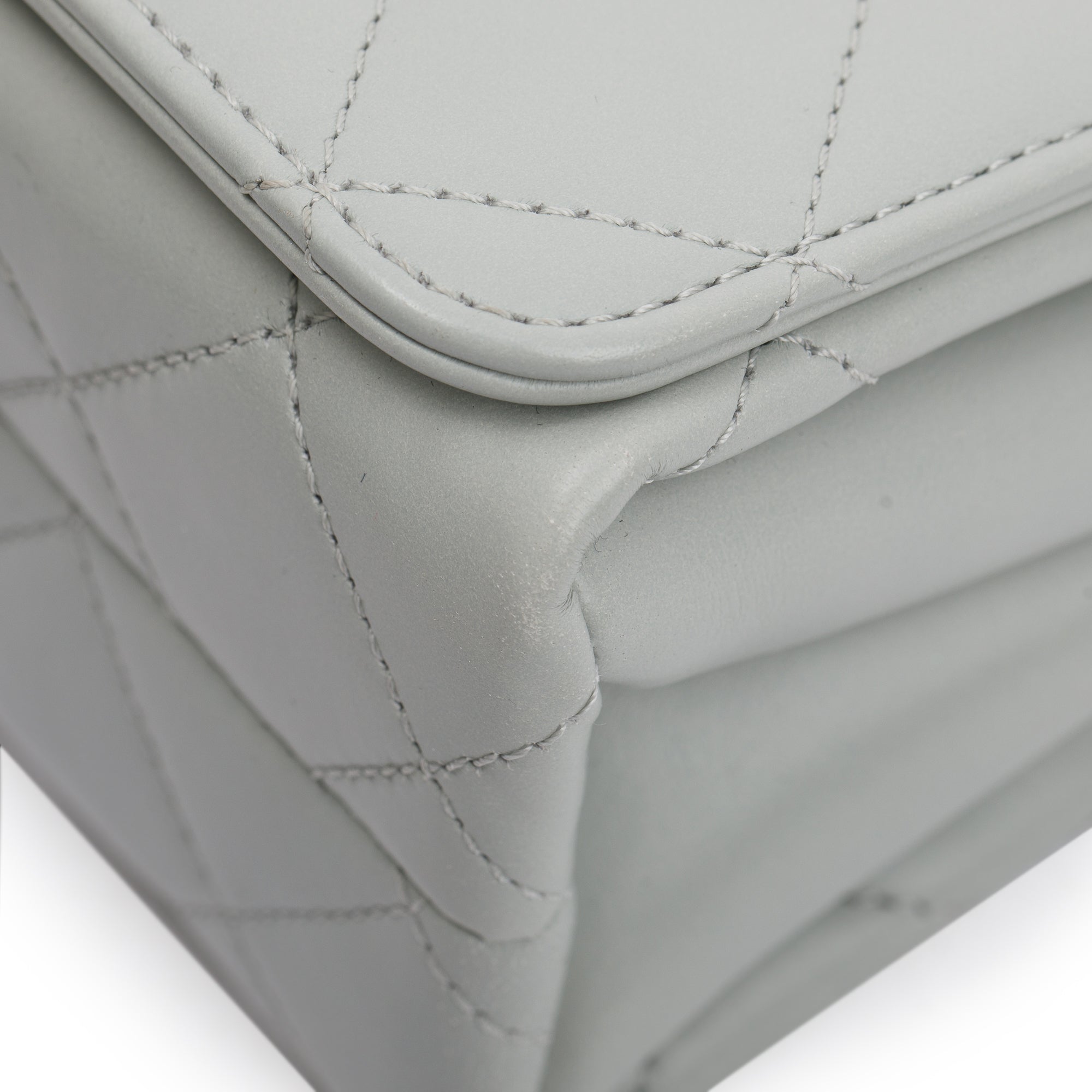 Chanel 2023 Grey Quilted Lambskin Leather Logo Chain Handle Flap Bag w/ Box