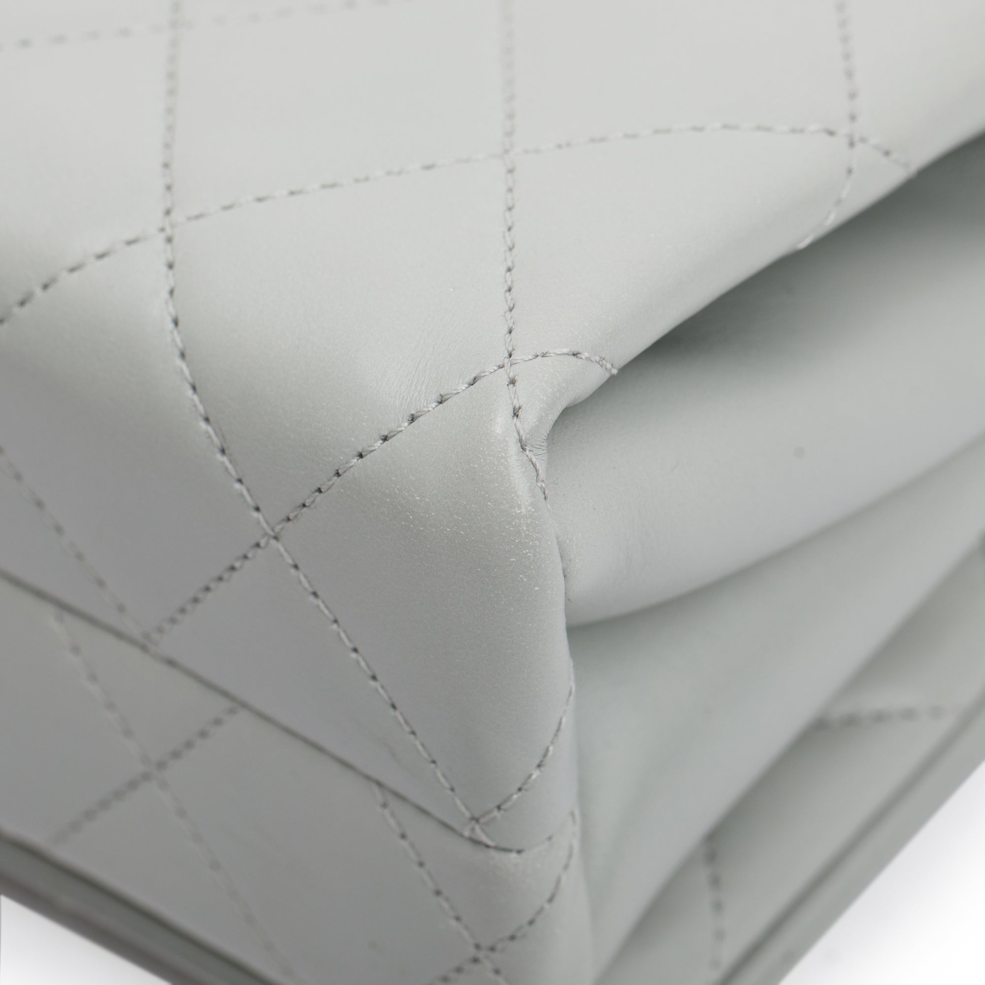 Chanel 2023 Grey Quilted Lambskin Leather Logo Chain Handle Flap Bag w/ Box