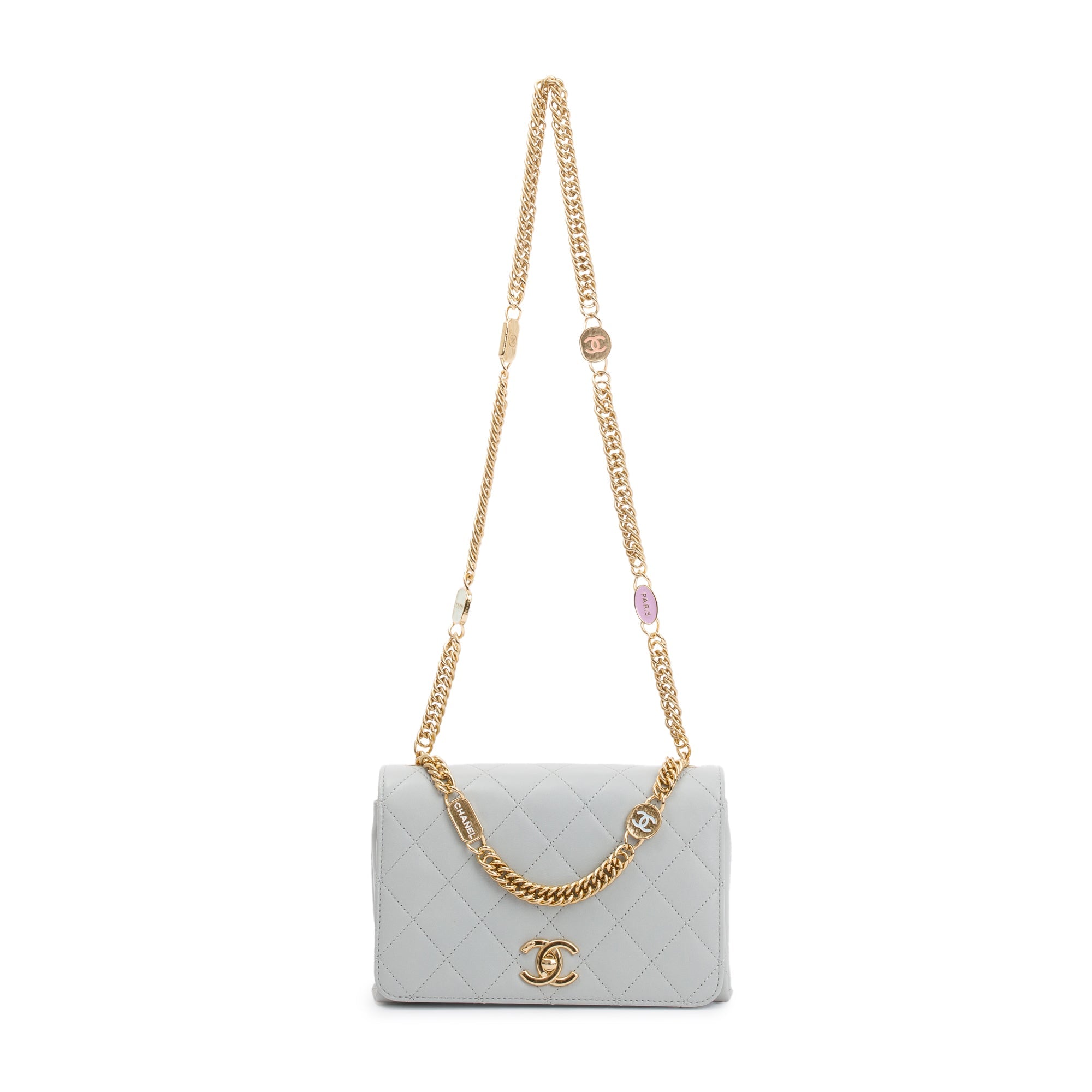 Chanel 2023 Grey Quilted Lambskin Leather Logo Chain Handle Flap Bag w/ Box