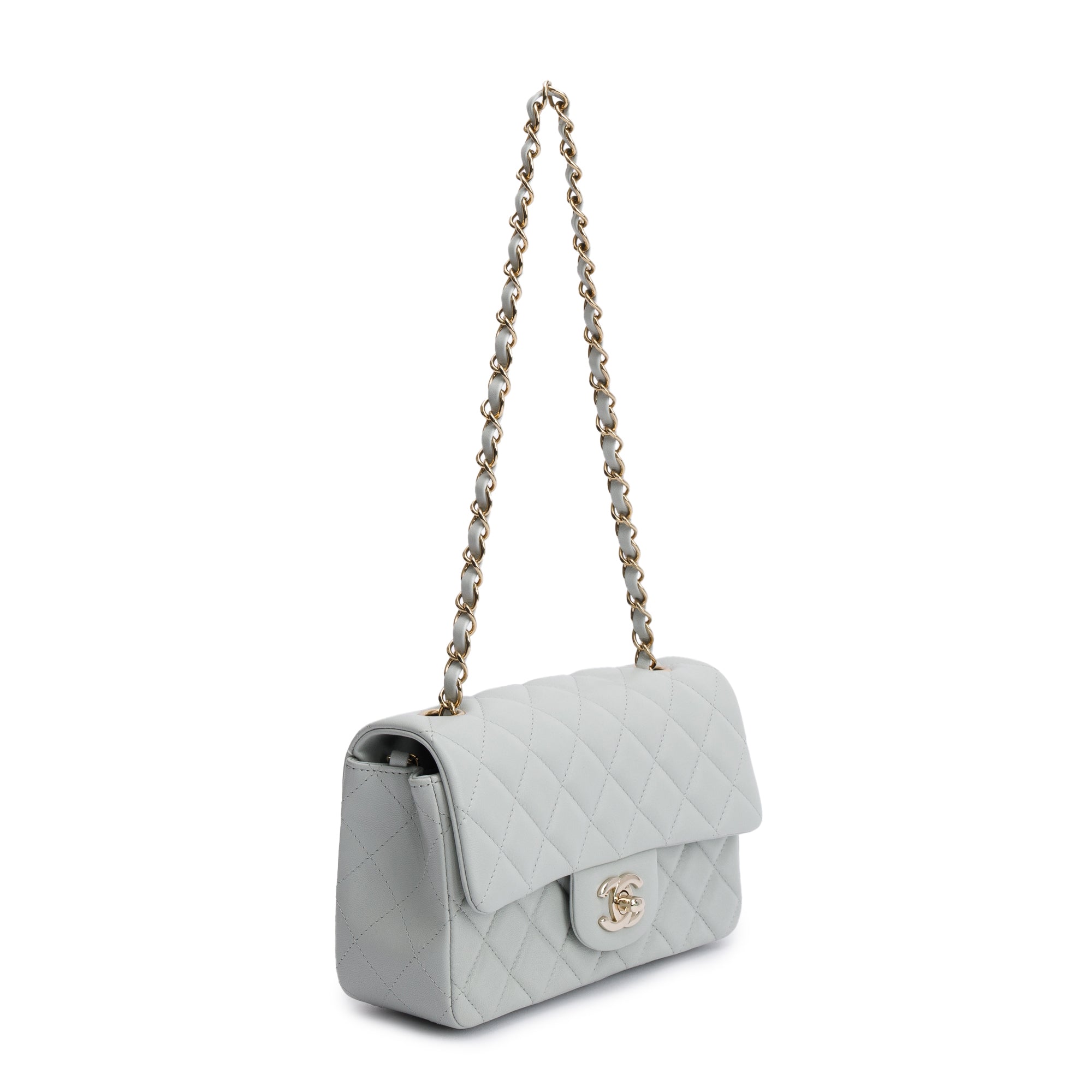 Chanel 2023 Light Grey Quilted Lambskin Leather Mini Classic Flap Handbag