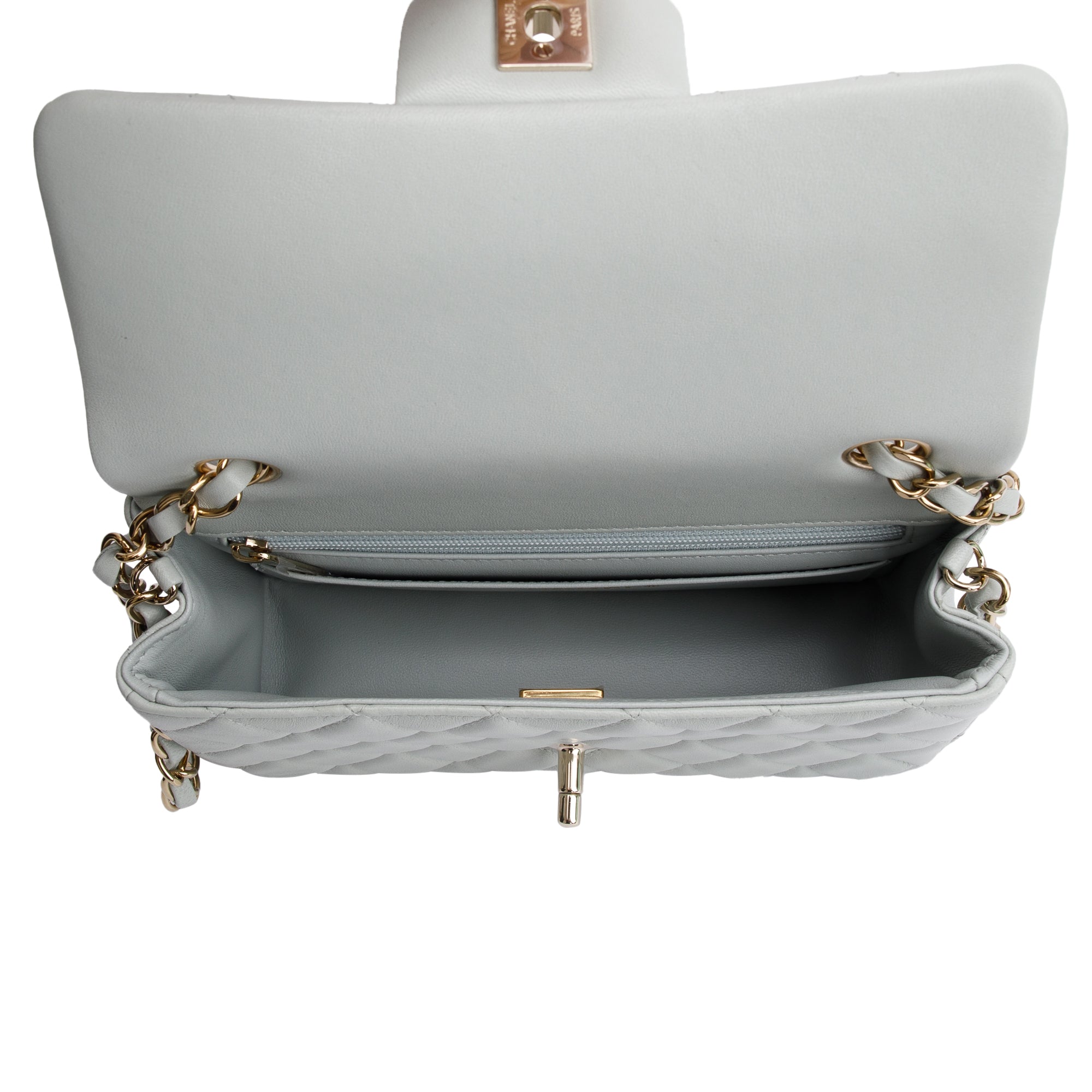 Chanel 2023 Light Grey Quilted Lambskin Leather Mini Classic Flap Handbag