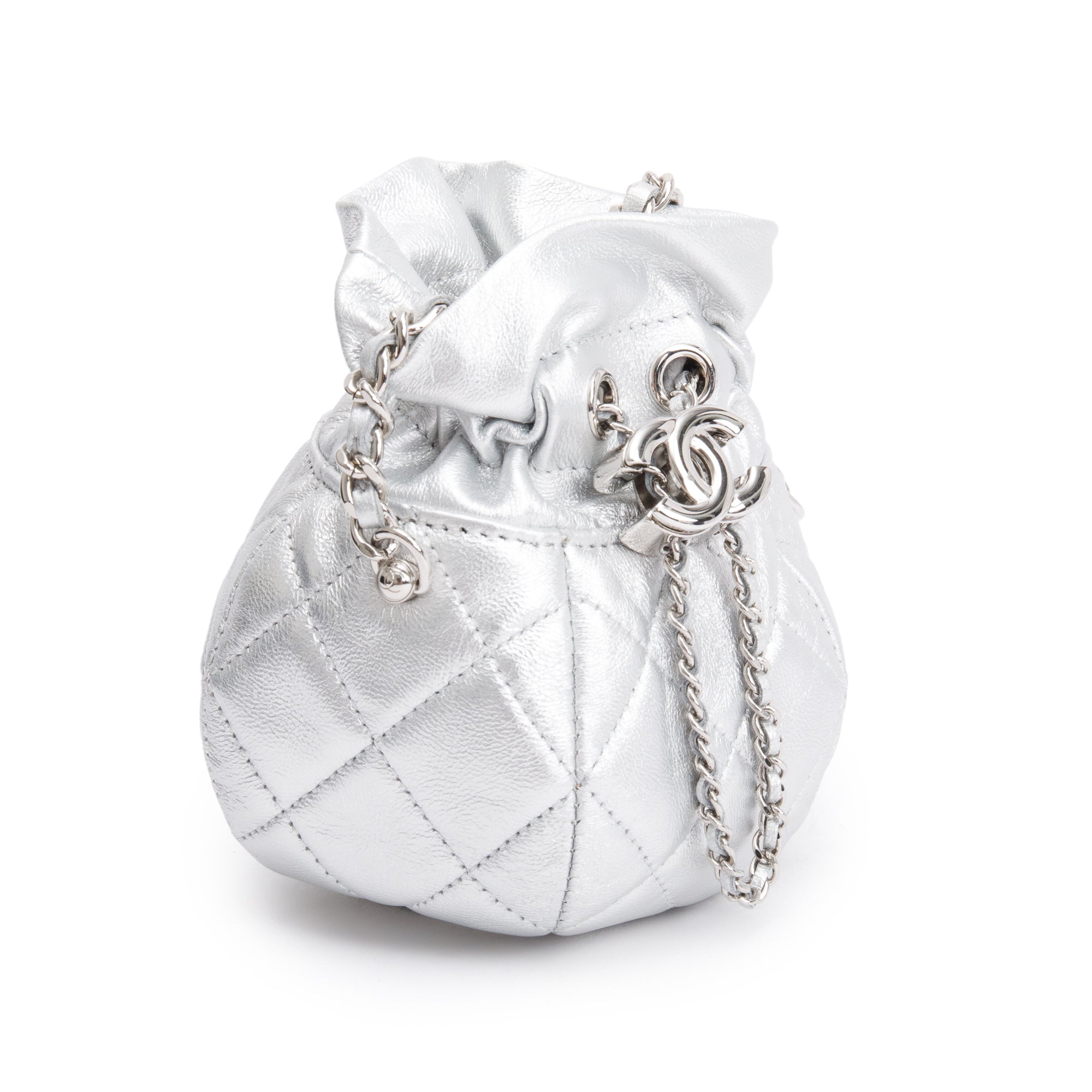 Chanel 2023 Metallic Silver Calfskin Leather Micro Drawstring Bucket Bag w/ Receipt