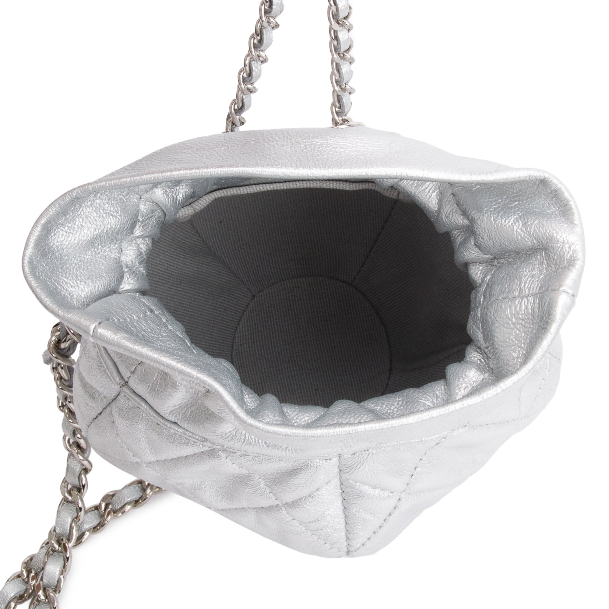 Chanel 2023 Metallic Silver Calfskin Leather Micro Drawstring Bucket Bag w/ Receipt