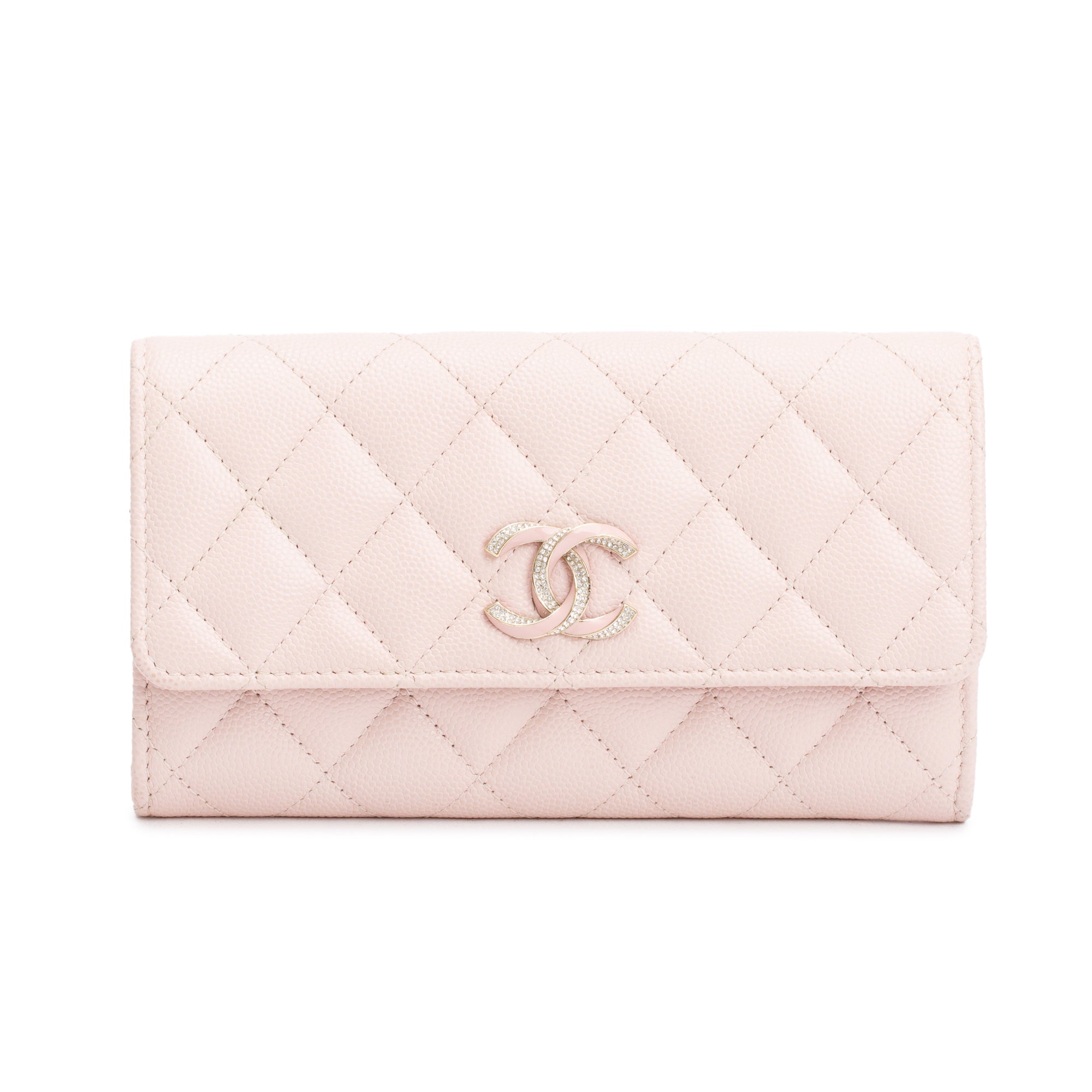 Chanel 2023 Pink Caviar Leather Strass CC Flap Wallet