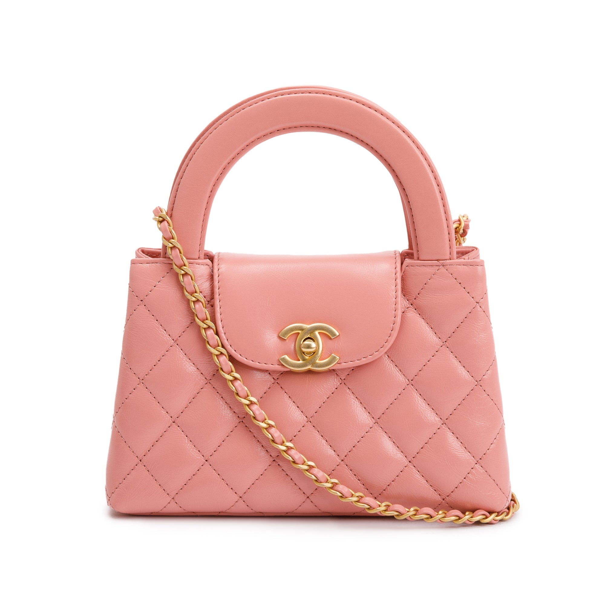 Chanel 2023 Pink Shiny Aged Calfskin Leather Mini Kelly Shopping Bag w/ Box & Receipt