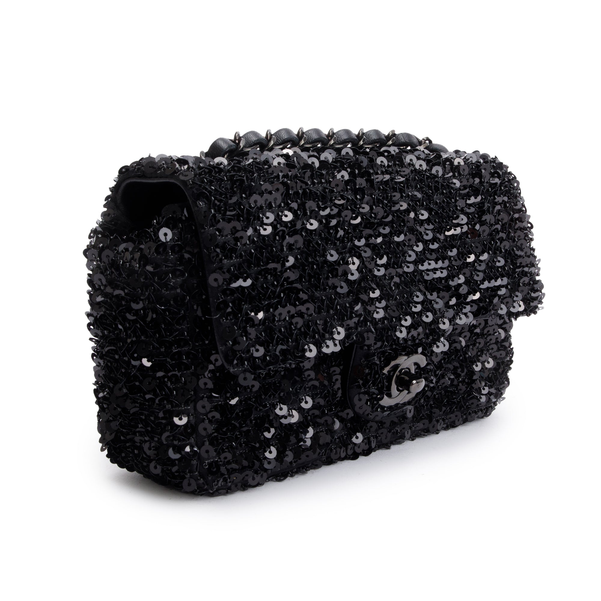 Chanel 2023 So Black Sequin Classic Mini Rectangular Flap Bag w/ Box