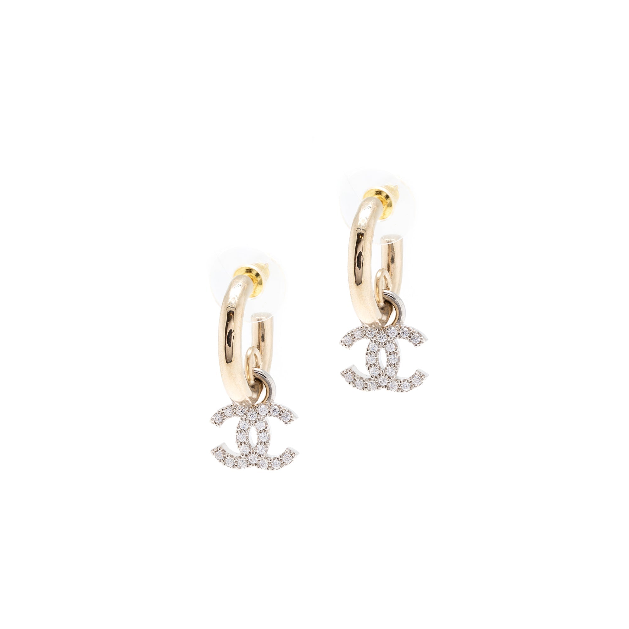 Chanel 2023 Two-Tone Strass CC Drop Earrings w/ Box