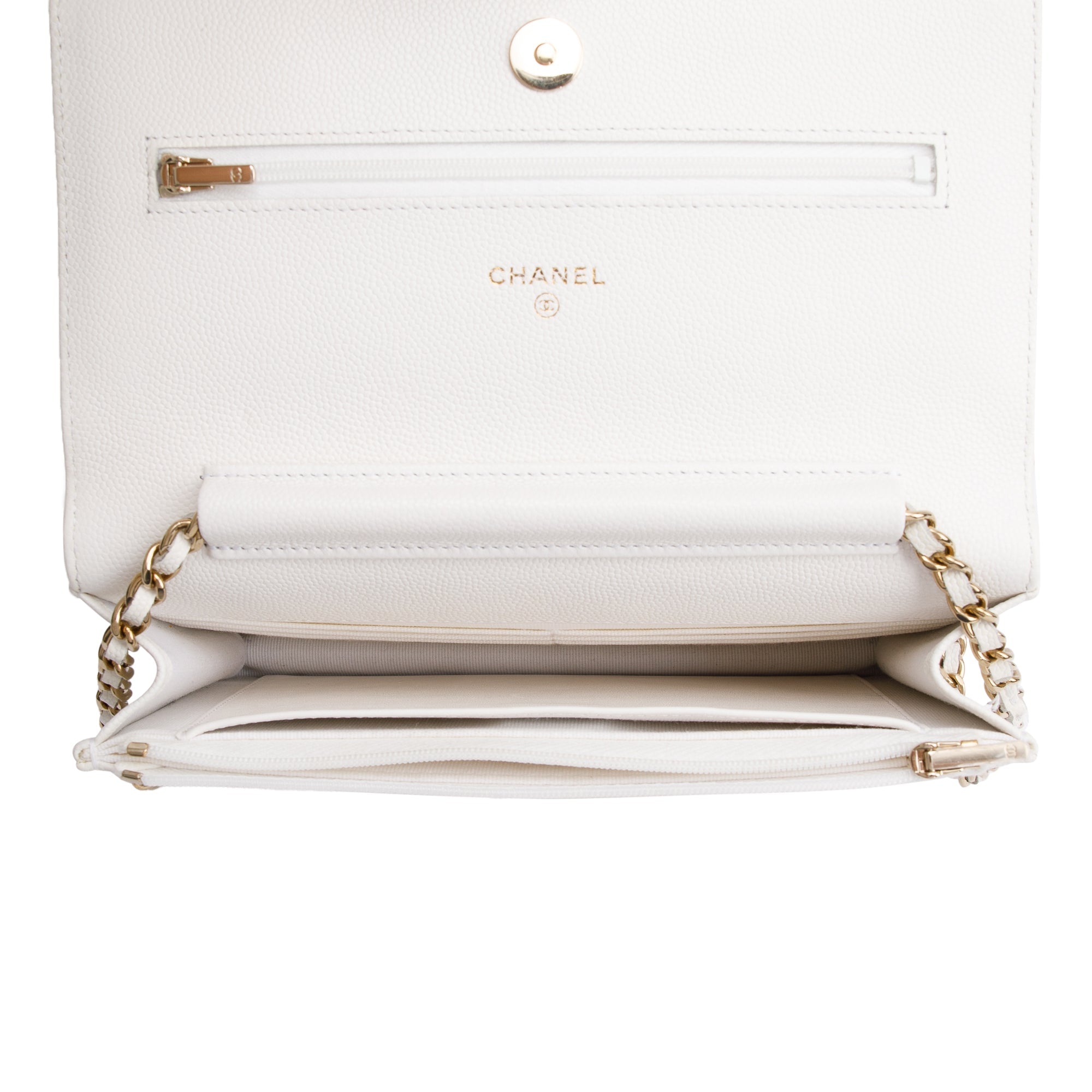 Chanel 2023 White Caviar Leather Classic Wallet on Chain w/ Box