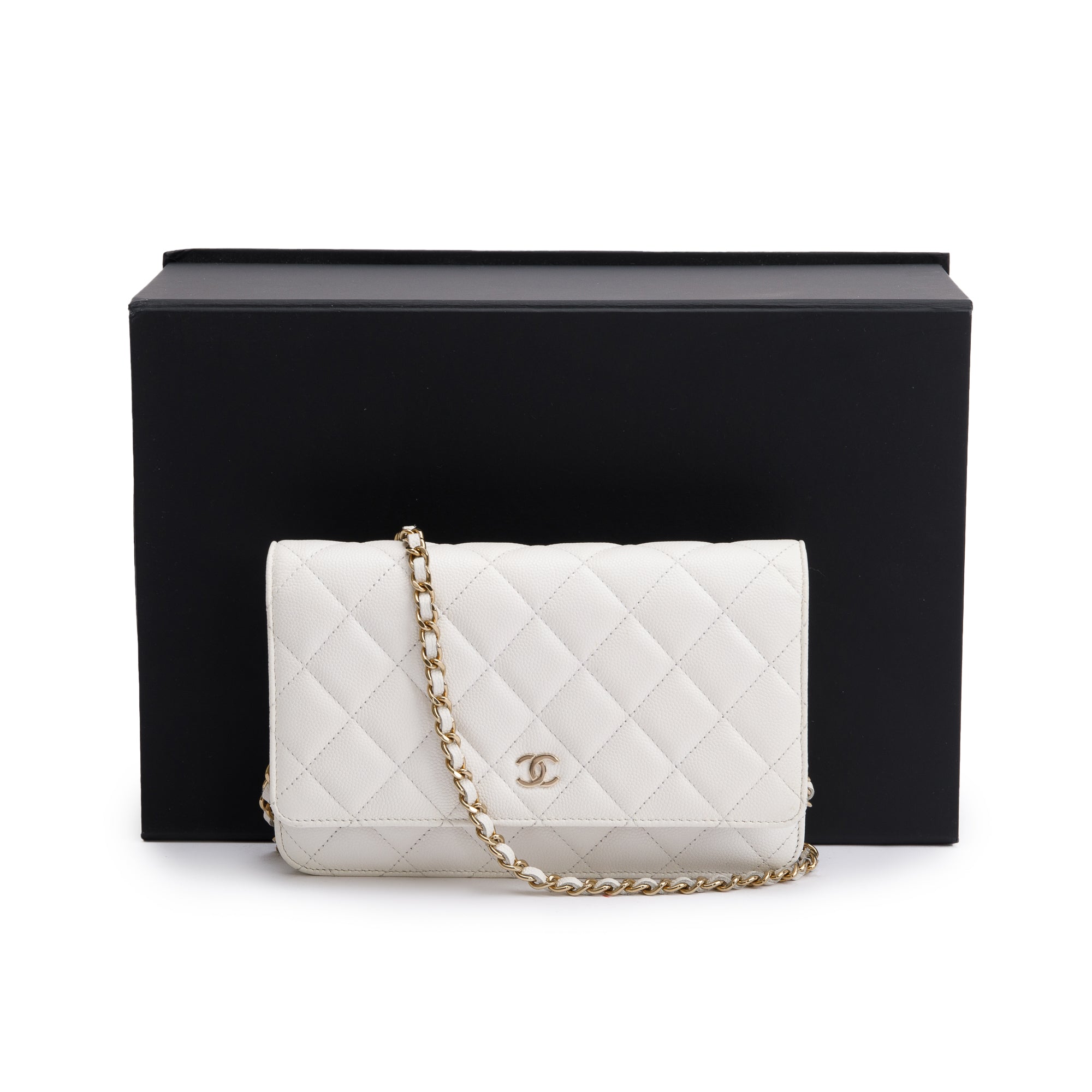 Chanel 2023 White Caviar Leather Classic Wallet on Chain w/ Box