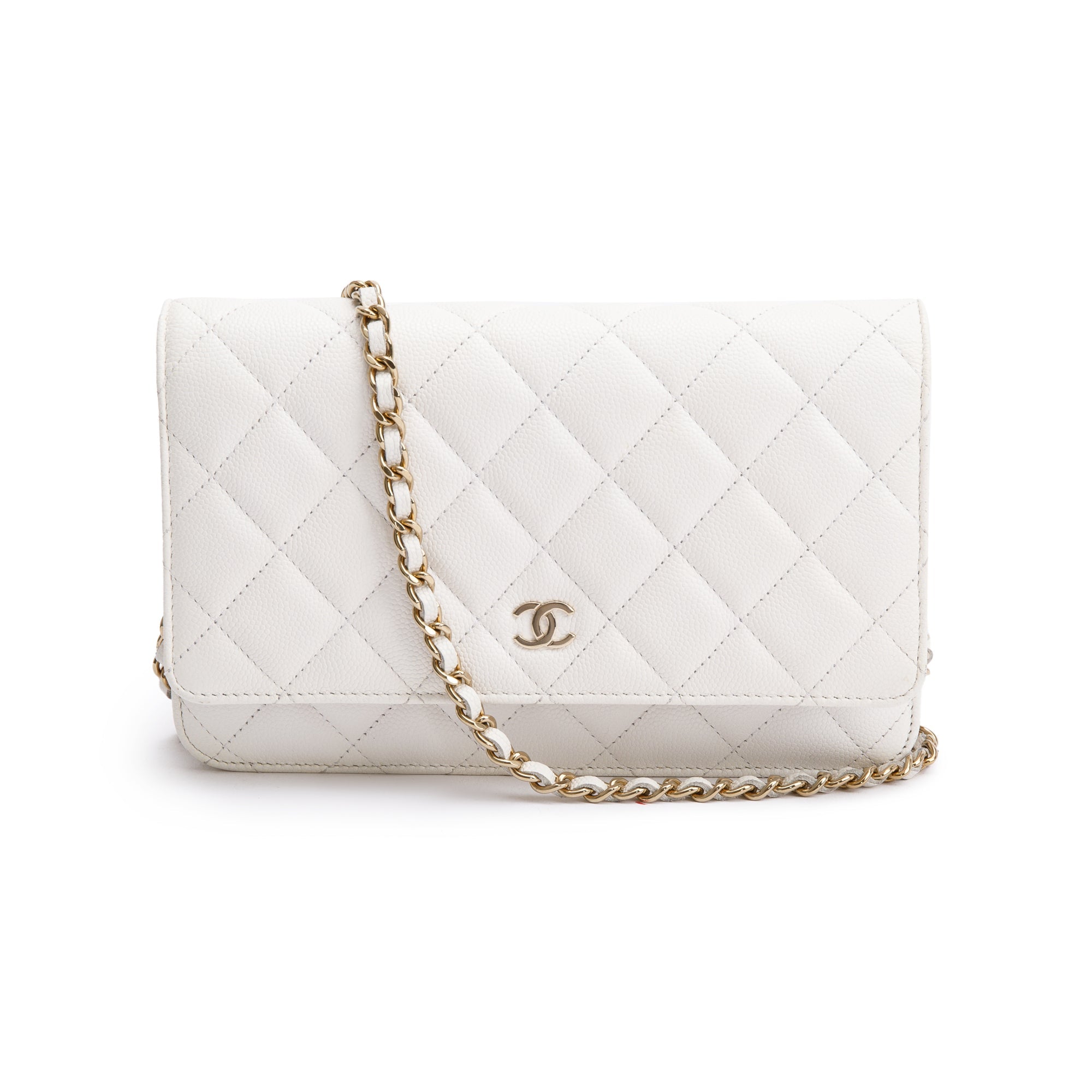 Chanel 2023 White Caviar Leather Classic Wallet on Chain w/ Box