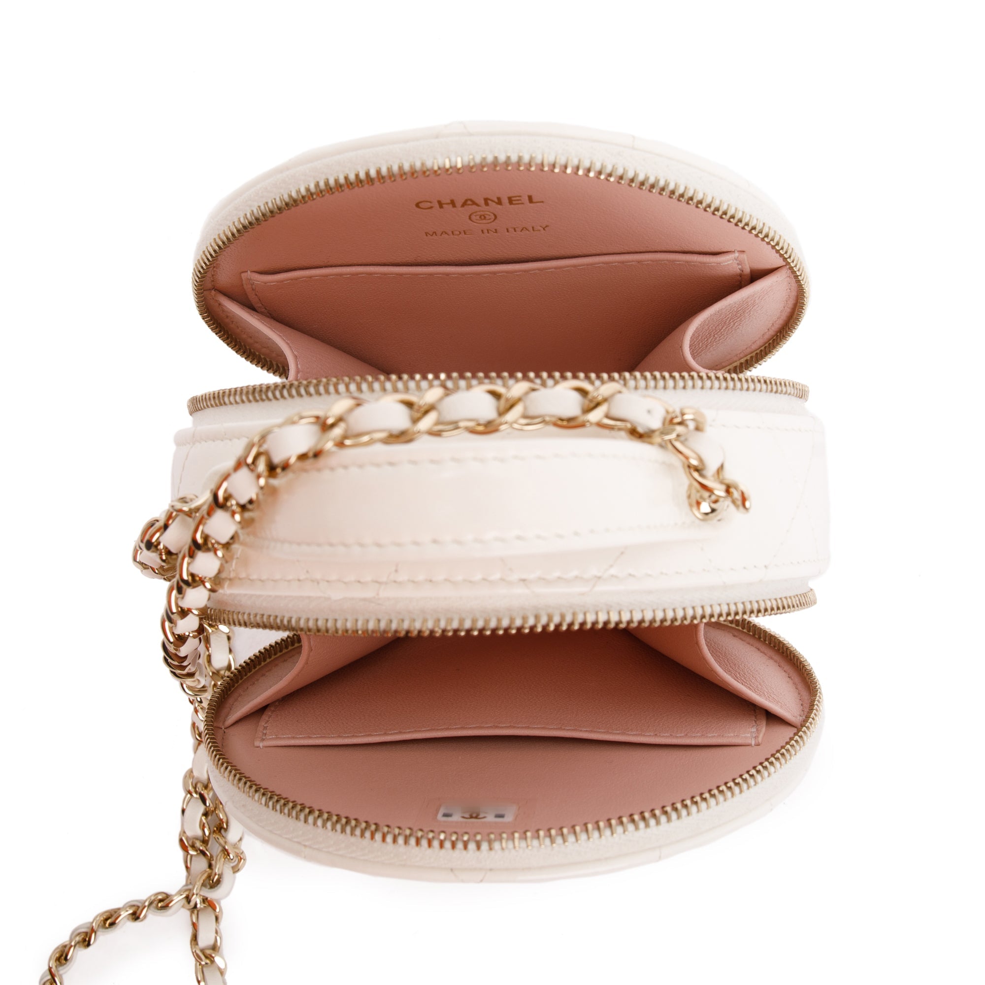 Chanel 2023 White Lambskin Leather Handle with Care Round Vanity Case w/ Box