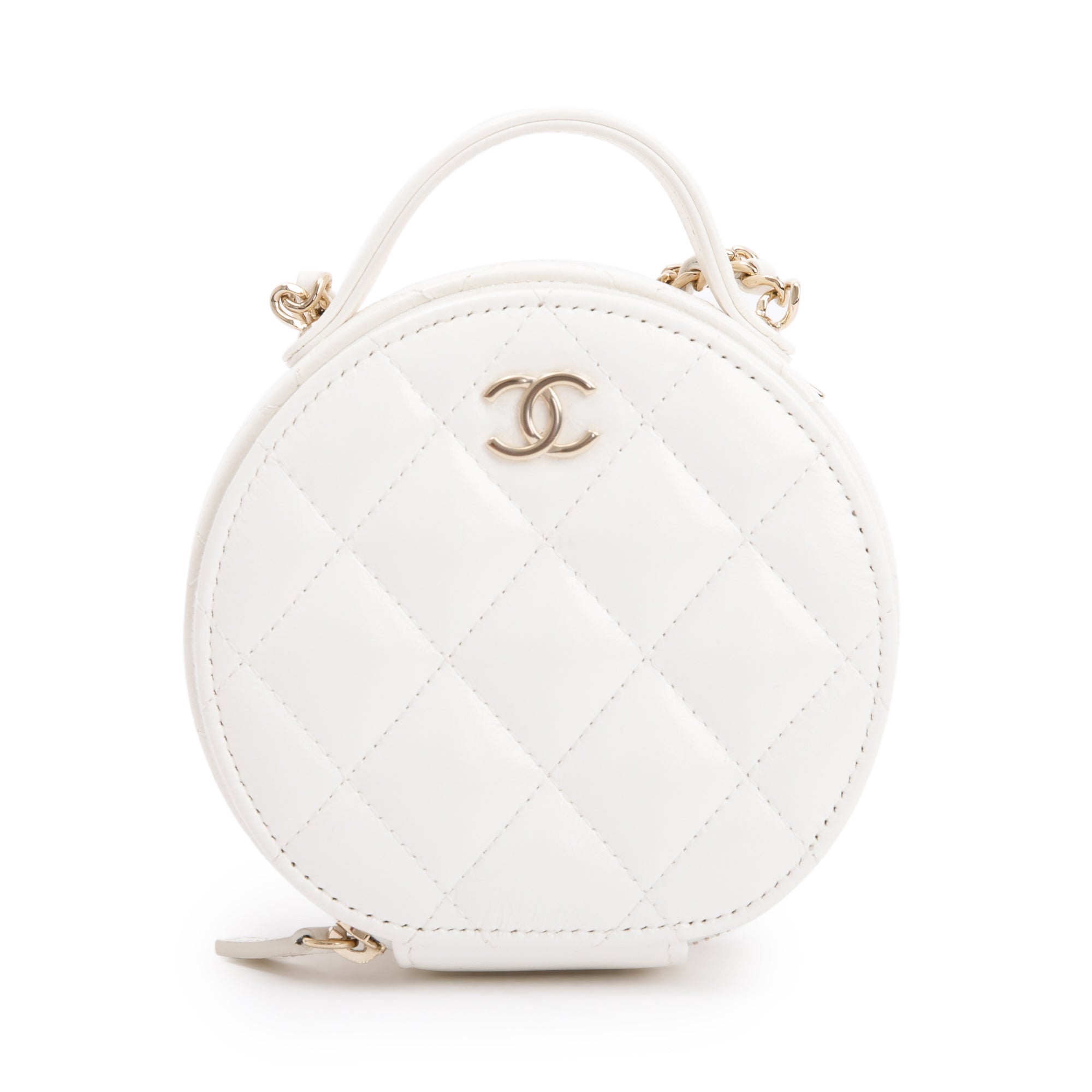 Chanel Handle with Care Round Vanity Case with Chain Quilted Patent Small  Black 208648269
