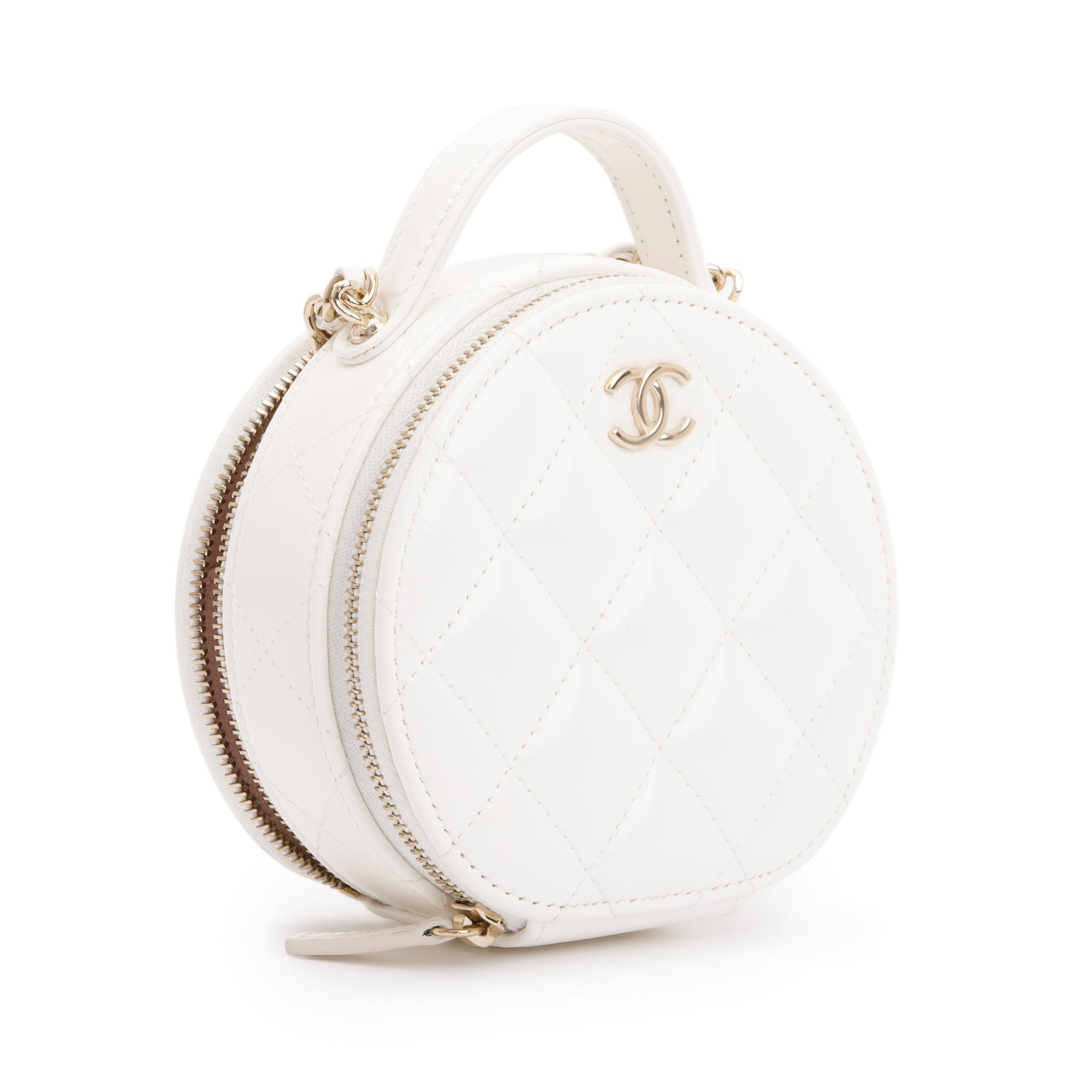 Chanel 2023 White Lambskin Leather Handle with Care Round Vanity Case w/ Box