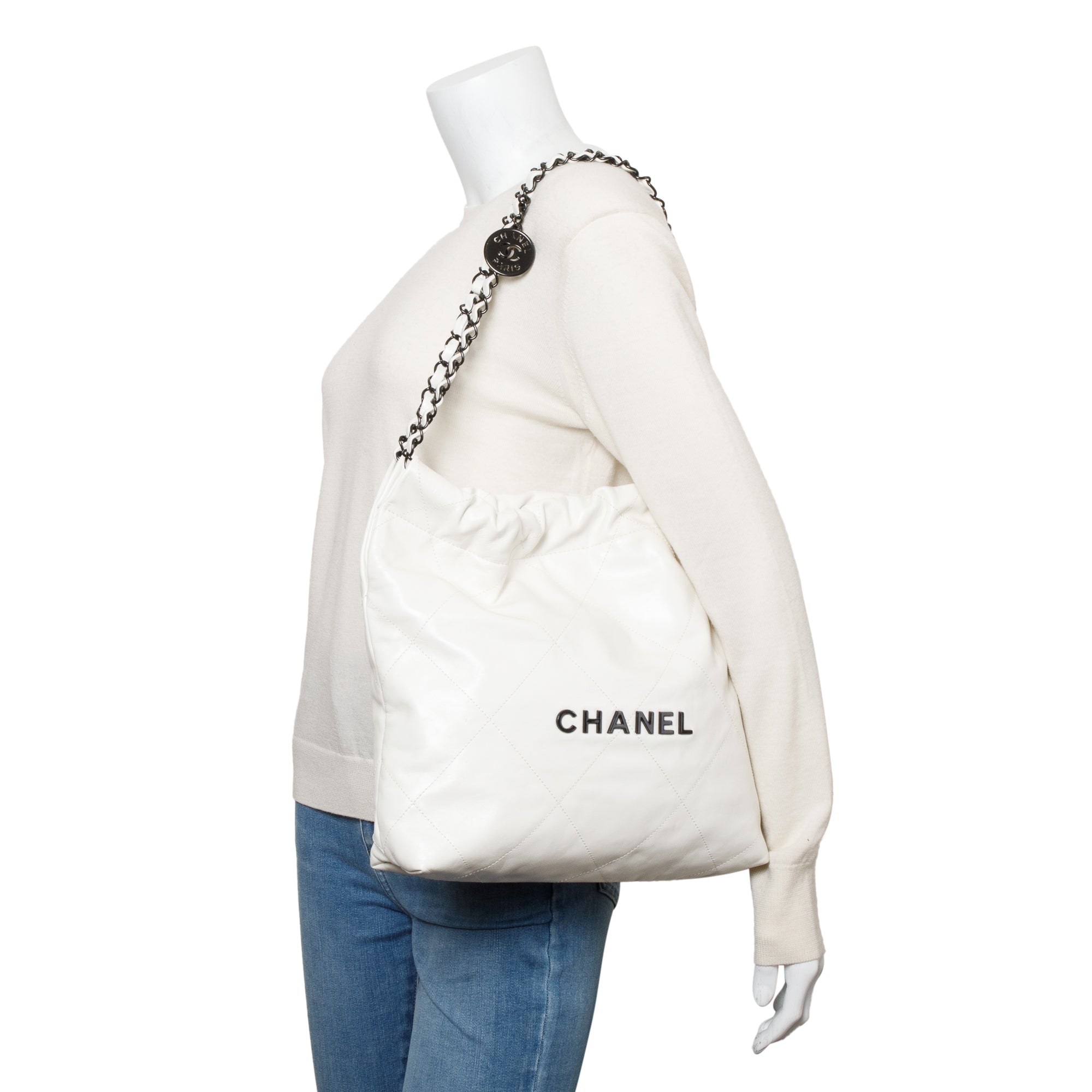 Chanel 2023 White Shiny Calfskin Leather Small Chanel 22 Hobo w/ Pouch & Box