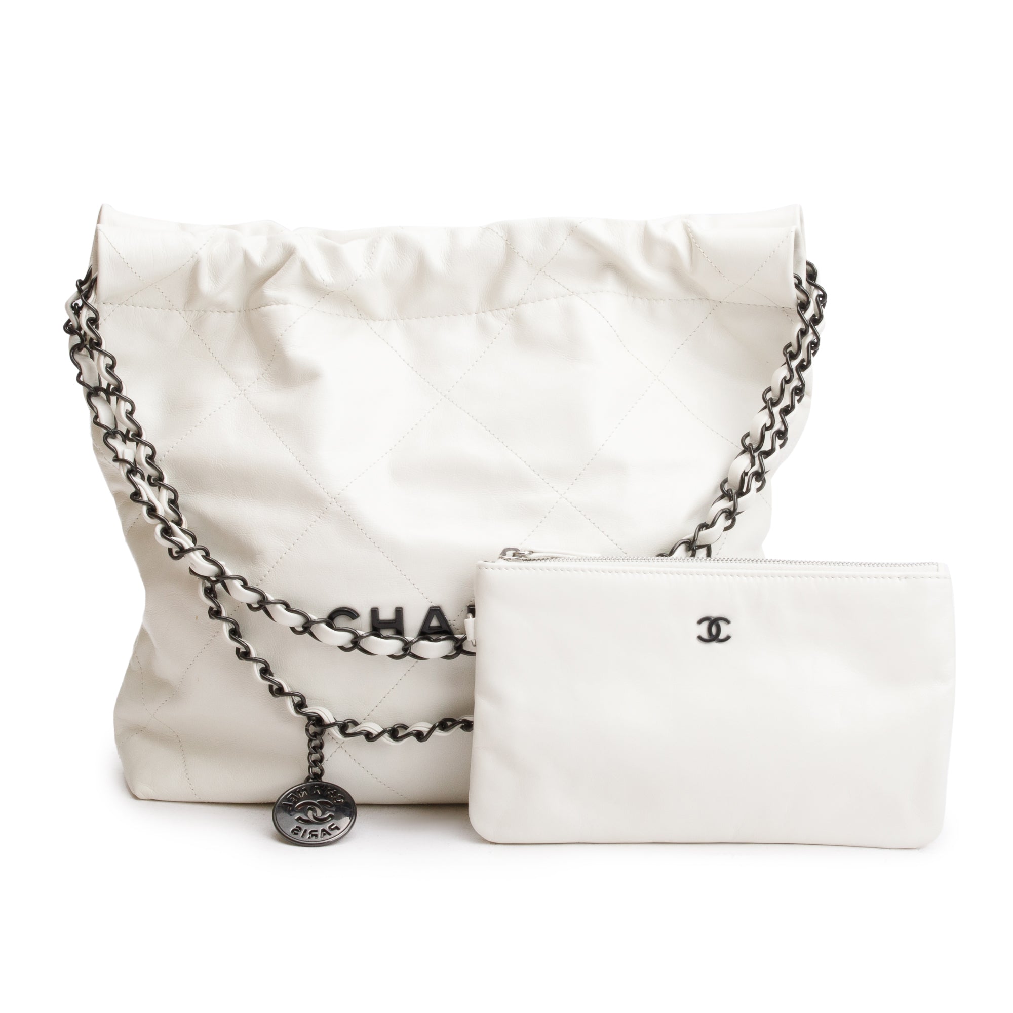 Chanel 2023 White Shiny Calfskin Leather Small Chanel 22 Hobo w/ Pouch & Box