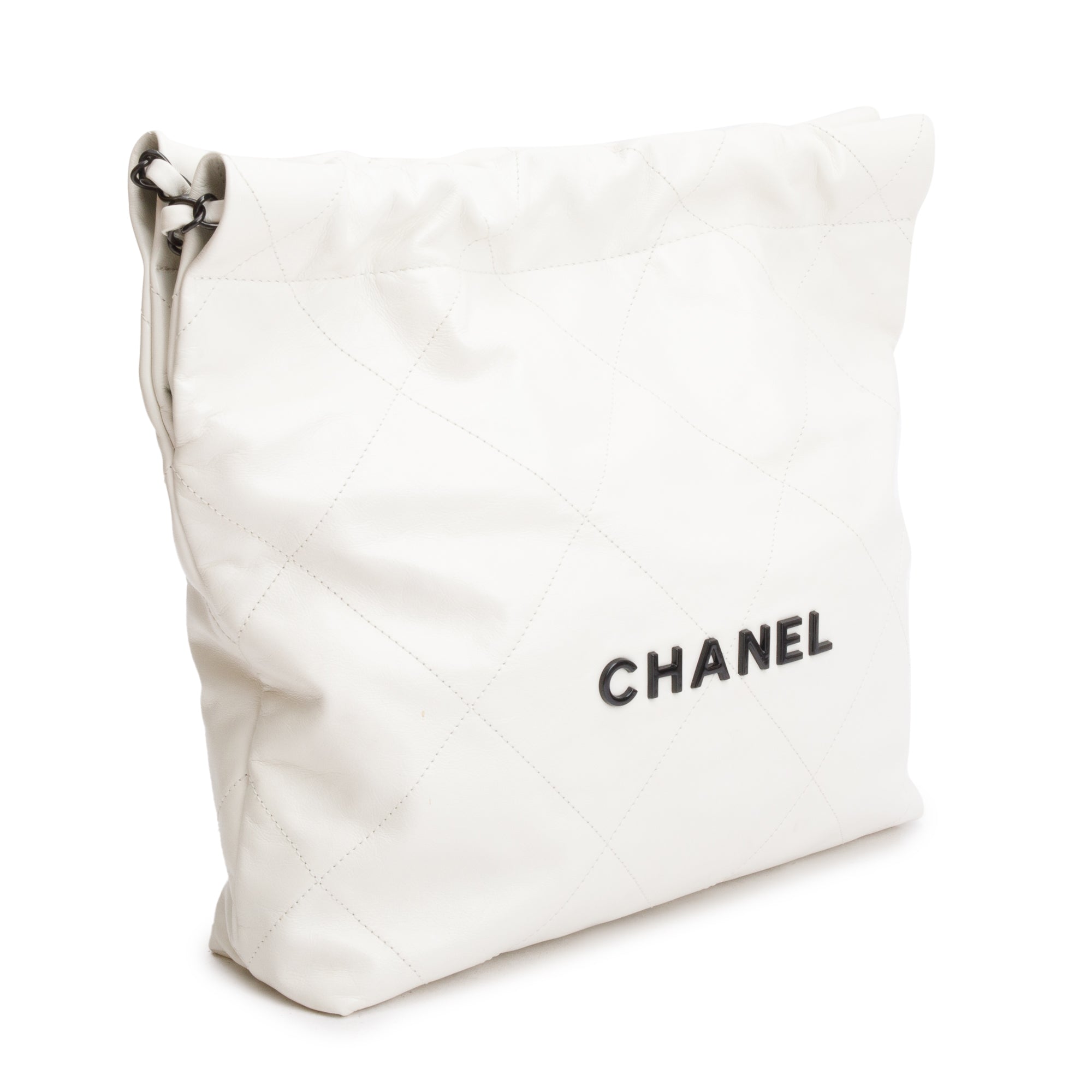 Chanel 2023 White Shiny Calfskin Leather Small Chanel 22 Hobo w/ Pouch & Box