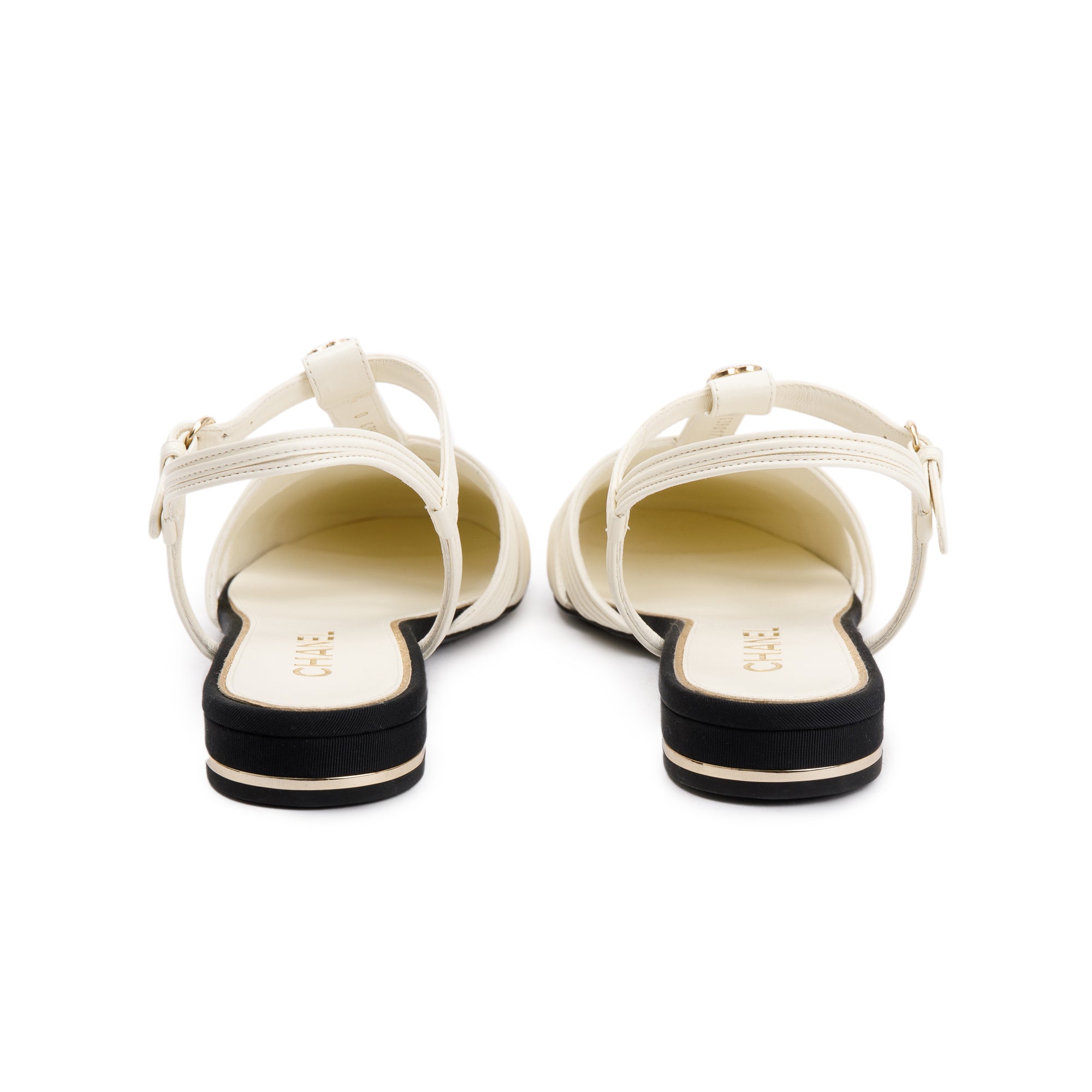 Chanel 2023 White/Black Lambskin Interlocking CC Logo Slingback Flats, Size 38 w/ Box