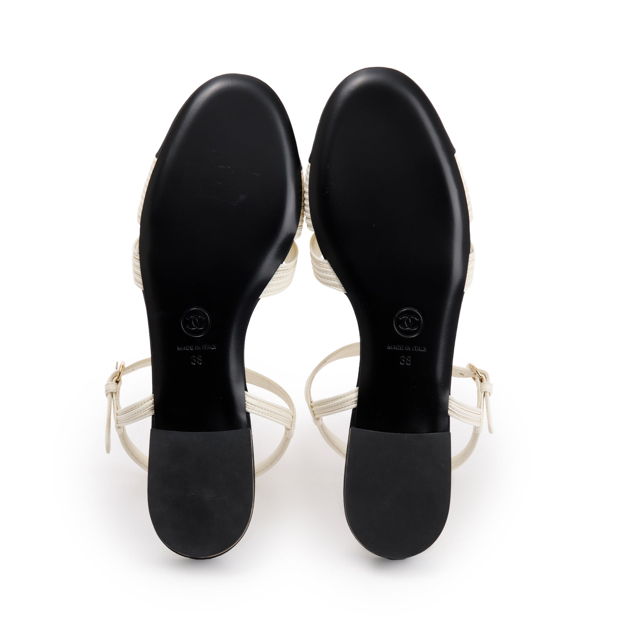 Chanel 2023 White/Black Lambskin Interlocking CC Logo Slingback Flats, Size 38 w/ Box