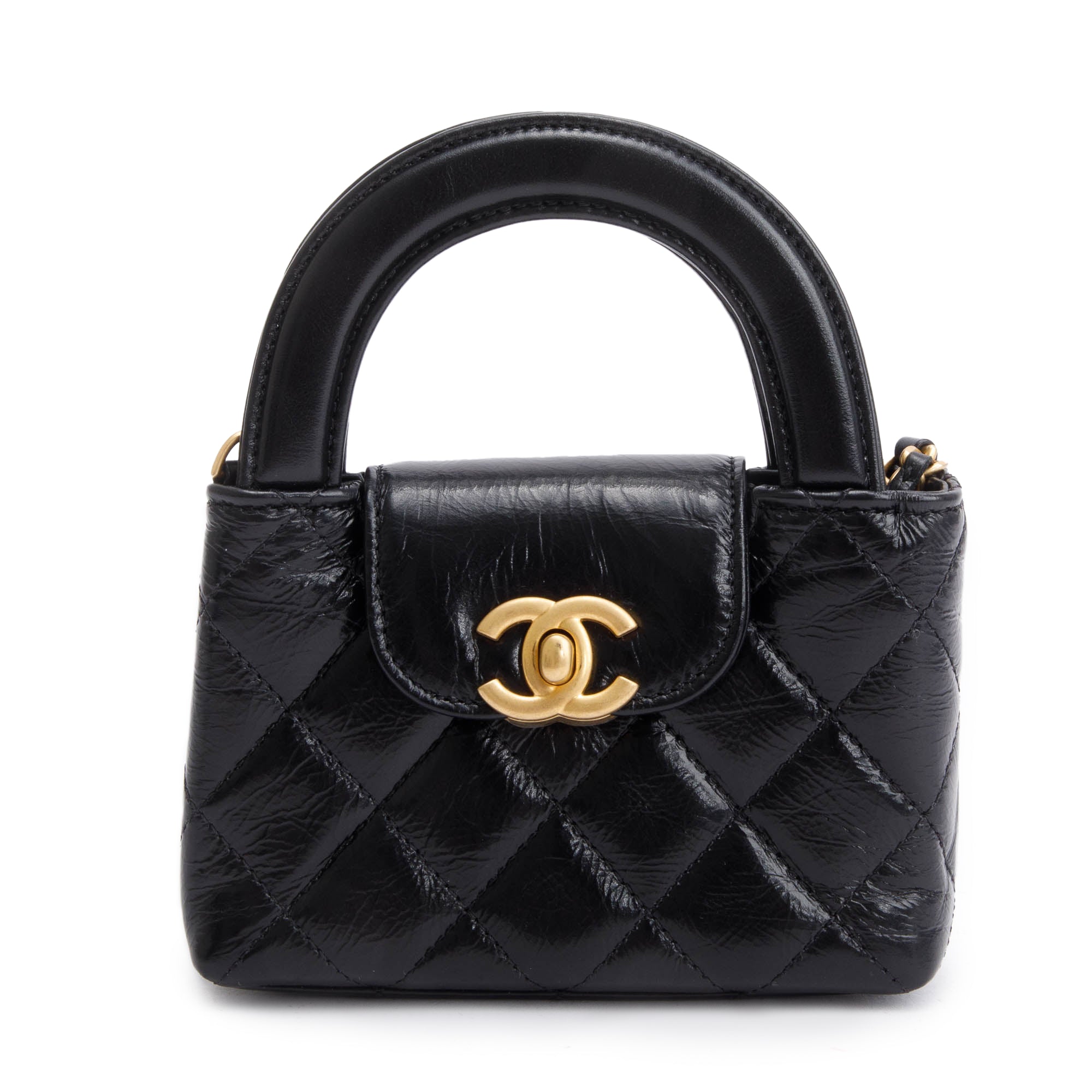 Chanel 2024 Black Shiny Aged Calfskin Leather Nano Kelly Crossbody Bag w/ Box & Receipt