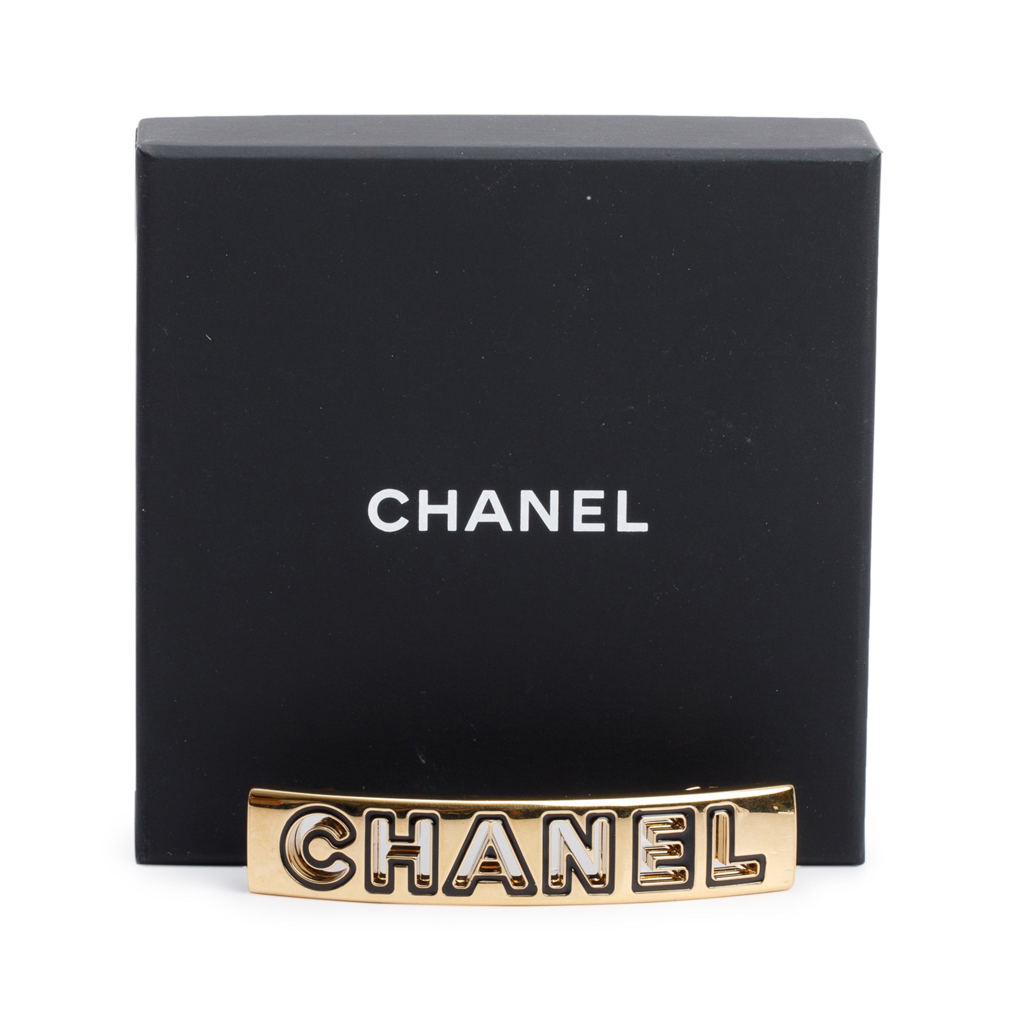 Chanel 2024 Gold-Plated Enamel Logo Hair Clip Barrette w/ Box & Receipt